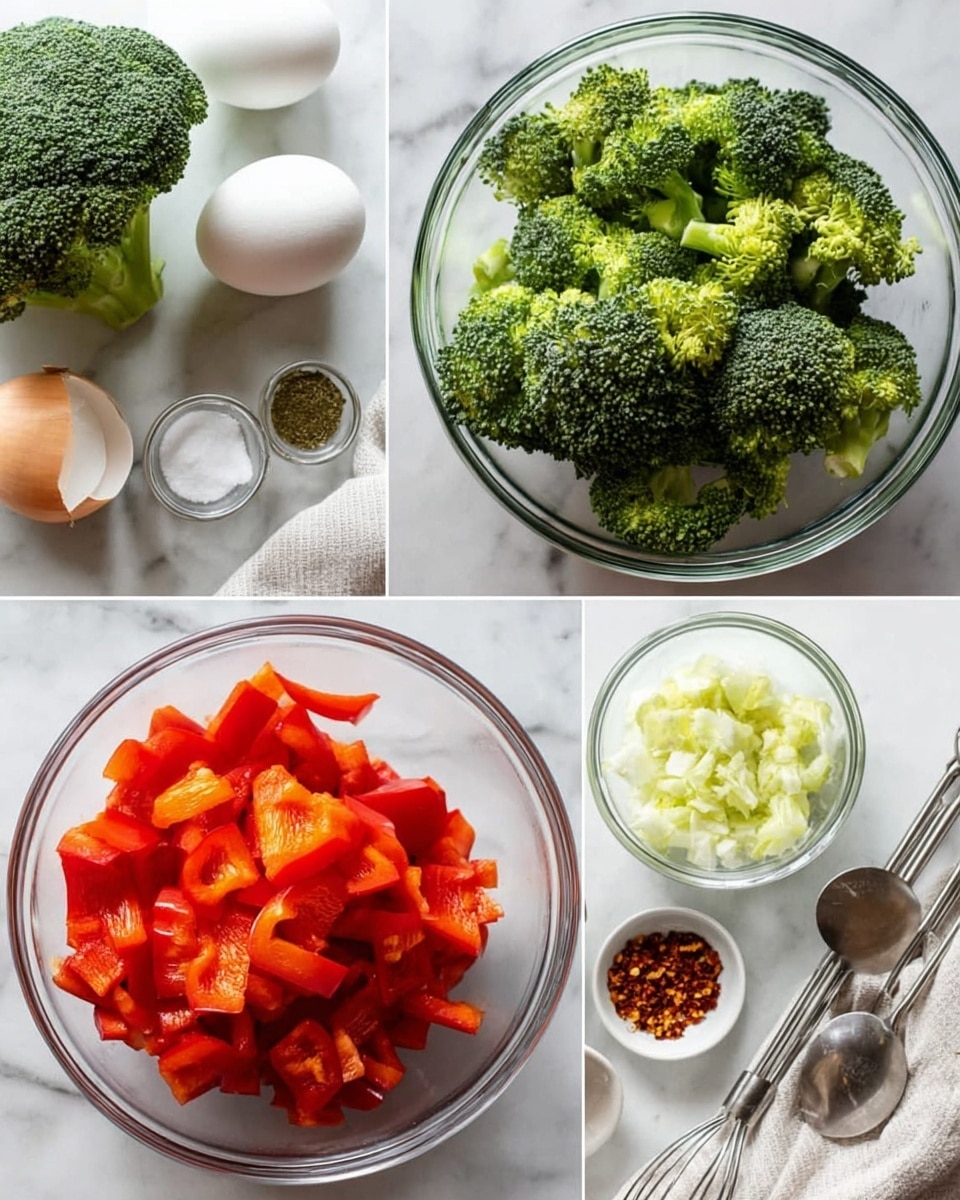 The image shows three clear glass bowls placed on a white marbled surface. The top right bowl is filled with bright green broccoli florets, showing their texture and stems clearly. The bottom left bowl contains chopped, vibrant red bell peppers with a fresh, juicy look. The top left corner shows ingredients spread on the white marbled surface including whole white eggs, a whole green broccoli head, a small bowl with finely chopped white onions, a small white container with salt, a metal spoon with dried herbs, and a smaller metal spoon with red chili flakes, along with a metal whisk and a white cloth. The photo taken with an iphone --ar 4:5 --v 7