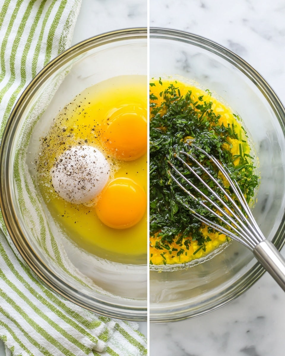 The image shows two side-by-side photos of a clear glass bowl on a white marbled surface with a green and white striped cloth underneath. On the left side, the bowl contains two raw egg yolks and whites with a small heap of salt and black pepper sprinkled on top. On the right side, the same bowl now holds beaten eggs mixed with chopped green herbs, and a silver whisk rests inside the bowl. The colors include bright yellow from the eggs, dark green from the herbs, and the clear glass bowl reflecting light. photo taken with an iphone --ar 4:5 --v 7