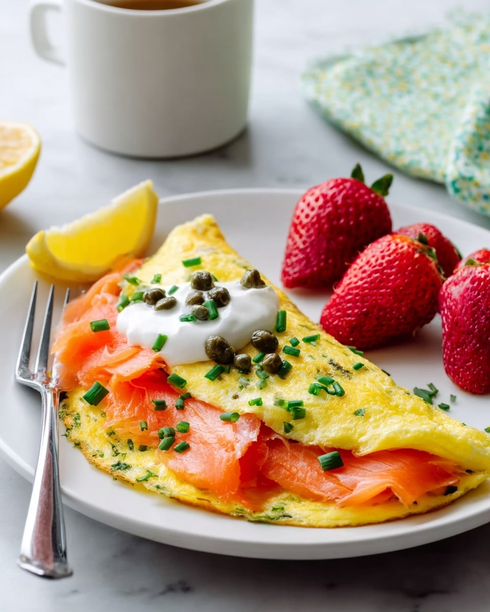 A white plate shows a folded yellow omelette with green herbs mixed inside it as the bottom layer. On top of the omelette are thin orange slices of smoked fish, garnished with small green chopped chives and dark green round capers. There is a dollop of white cream placed on the fish, with more capers sprinkled around. A lemon wedge is placed at the back edge of the omelette. On the side, there are fresh red strawberries, some whole and some sliced showing their textured inside. A silver fork rests partially on the plate near the omelette. The plate sits on a white marbled surface, with a soft green and white patterned cloth and white cup blurred in the background. Photo taken with an iphone --ar 4:5 --v 7