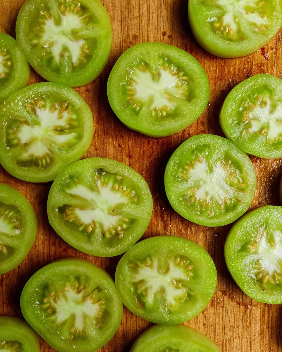 The image shows many slices of green tomato arranged closely on a wooden cutting board. Each slice is thin, with a bright green outer layer and a lighter green inner part with visible seeds. The texture of the tomato is moist and slightly shiny. The cutting board has a warm brown color with some darker marks around the slices. The scene is simple with no other items visible. photo taken with an iphone --ar 4:5 --v 7