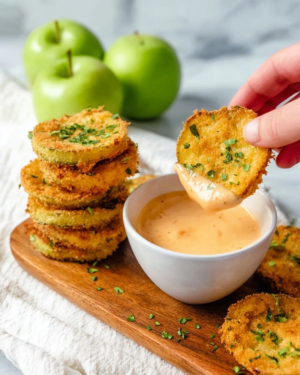 A woman's hand is holding a golden brown fried pickle chip sprinkled with green herbs, dipping it into a small white bowl filled with creamy light orange sauce. Next to the bowl, on a wooden board, there is a stack of six more fried pickle chips, each crispy and topped with green herbs. The background shows whole green apples, and the scene is set on a white marbled surface with a white cloth partially visible. photo taken with an iphone --ar 4:5 --v 7