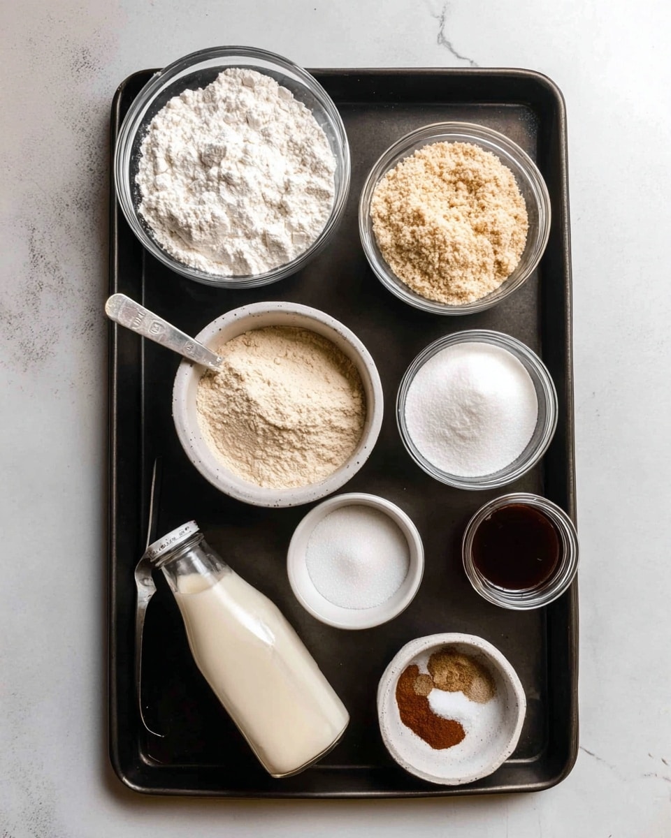 A dark baking tray holds seven containers of ingredients arranged neatly on a white marbled surface. At the top left, a clear round bowl is filled with white flour, its powdery texture visible. Next to it on the right, another clear round bowl contains light brown almond flour with a crumbly look. Below them, a metal tablespoon filled with a beige powder rests on the tray’s left, while a small white bowl with white powder sits in the center. To the right of the center bowl, a smaller white bowl contains a mix of brown spices. Below these, a half-filled clear bottle of creamy liquid is placed at the bottom left, next to a white bowl of fine white sugar, and to the right is a small glass jar with dark brown vanilla extract. The whole setup is lit softly, showing clear details of the textures and colors. Photo taken with an iphone --ar 4:5 --v 7