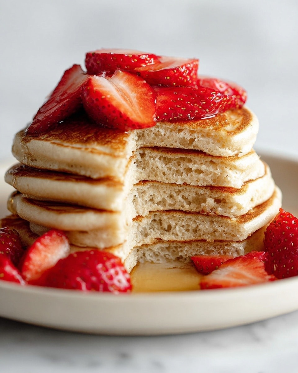 A stack of six thick, fluffy pancakes with a light golden brown color is placed on a white plate, on a white marbled surface. The front side of the pancakes shows a soft, porous texture. Fresh, sliced strawberries with a bright red and shiny surface are arranged on top of the stack and around the plate. There is a small visible amount of syrup at the bottom of the stack. Photo taken with an iphone --ar 4:5 --v 7