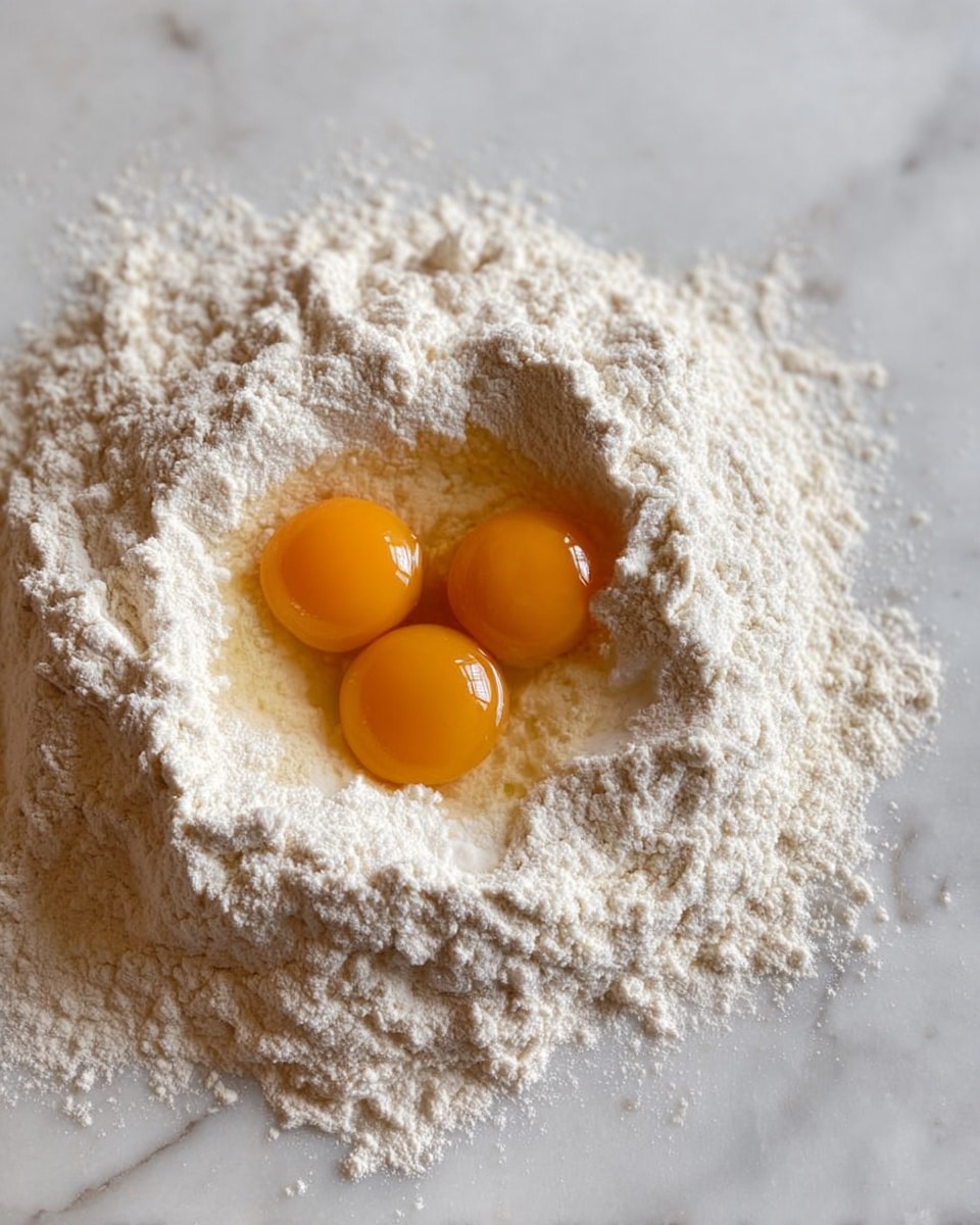 A mound of white flour is placed on a white marbled surface, shaped into a rough circle with a deep well in the center holding four raw egg yolks surrounded by the clear egg whites. The flour has a powdery texture with small ridges and peaks around the edges of the well. The egg yolks are smooth and bright orange, sitting closely together in the middle of the flour circle. The photo shows a close-up view, emphasizing the contrast between the soft whites of the flour and the glossy, vibrant yolks in the center photo taken with an iphone --ar 4:5 --v 7