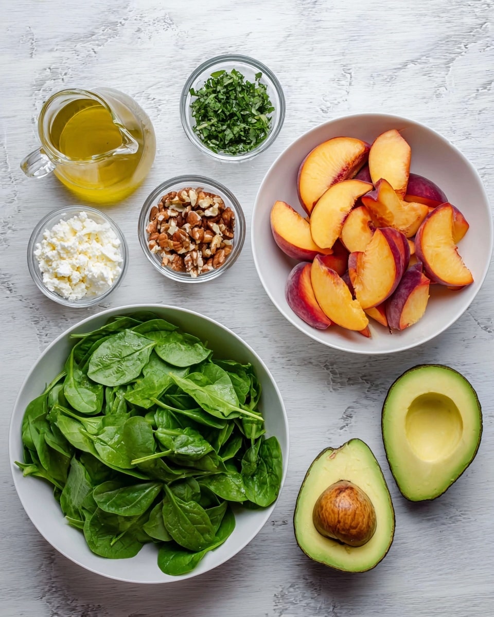 The image shows several white bowls and glass containers on a white marbled surface. One white bowl is filled with bright green fresh spinach leaves, another white bowl contains sliced orange and red peaches. Two halves of a green avocado with a seed are placed side by side next to the bowls. There are three small clear glass containers, one with chopped dark green herbs, another with white crumbled cheese, and the third with small brown nuts. A clear glass jug holds a yellowish dressing or oil. The arrangement is neat, with vibrant natural colors contrasting against the clean white marbled texture background photo taken with an iphone --ar 4:5 --v 7