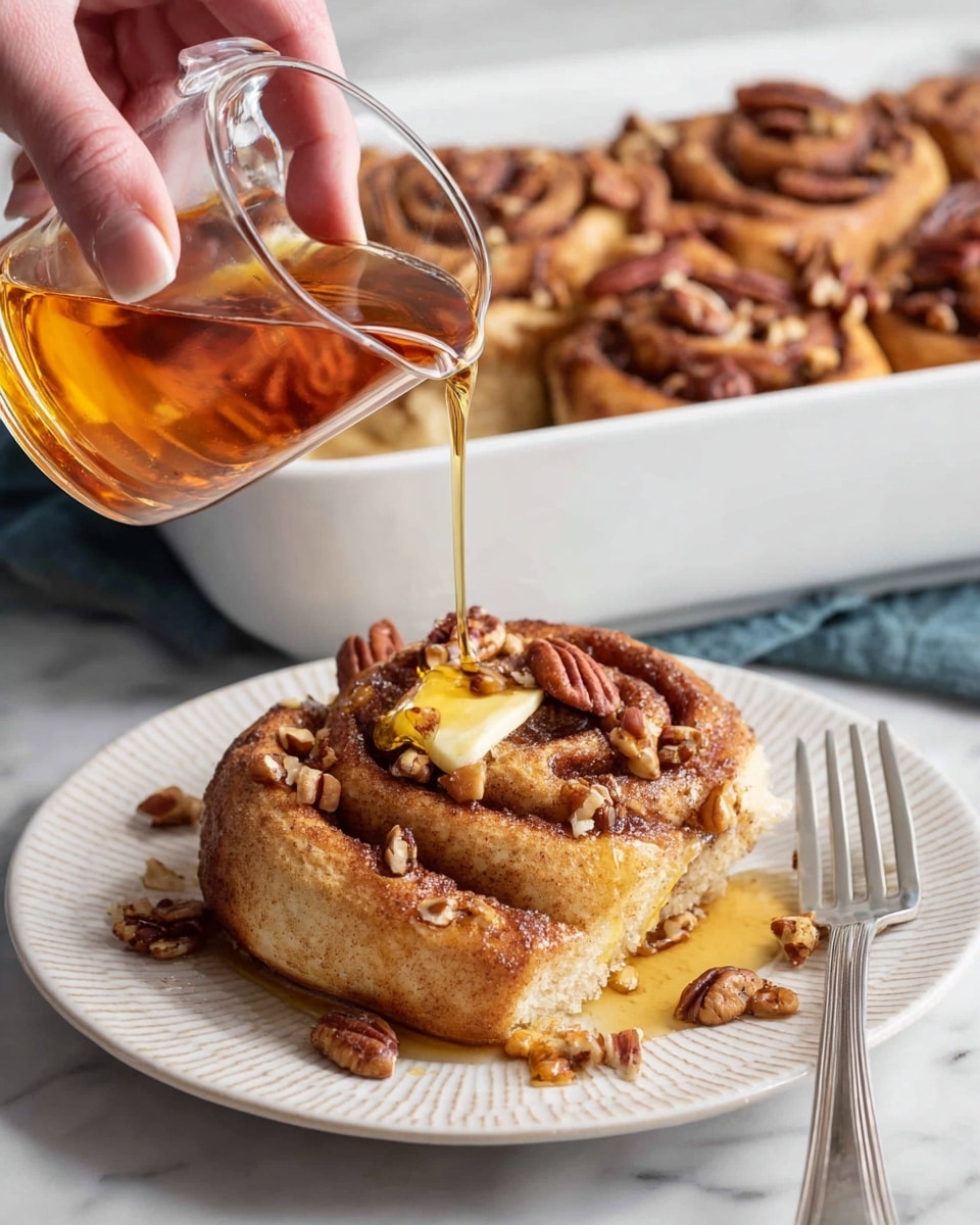A white rectangular baking dish is filled with two layers of golden brown baked slices arranged in two neat rows, topped with chopped dark brown pecans scattered evenly across the top. The slices look soft and moist with some syrup or sauce pooled slightly around them. A portion has been scooped out from the bottom right corner, showing a soft, soaked inside with crumbs and syrup residue. The dish is placed on a white marbled surface, accompanied by a glass cup with a light amber liquid and a light blue cloth napkin photo taken with an iphone --ar 4:5 --v 7