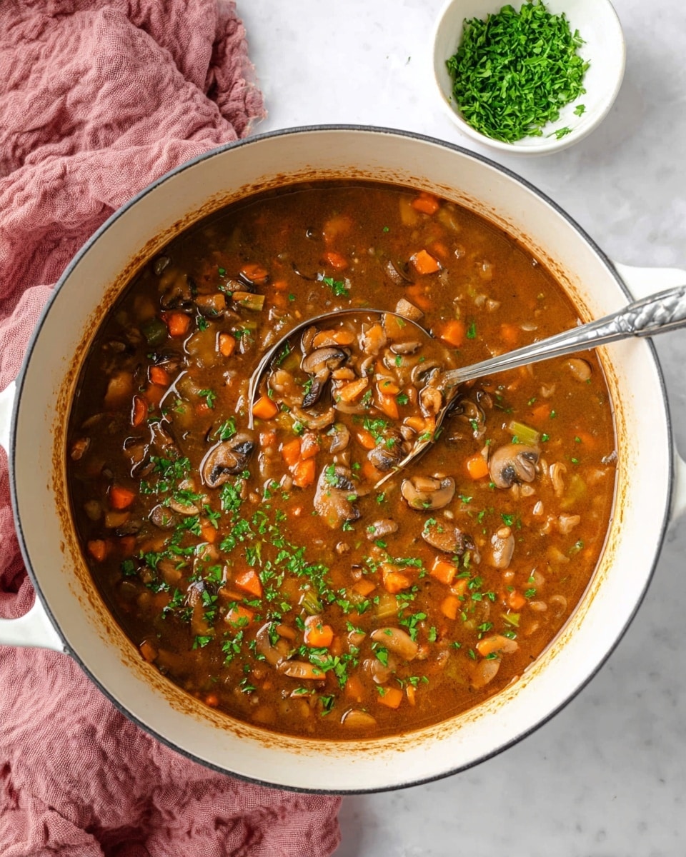 A large white pot filled with a thick brown stew that has visible chunks of light brown mushrooms, small orange carrot cubes, and bits of lighter colored celery, all mixed in a rich brown broth. The stew is sprinkled with chopped bright green herbs on top. A silver ladle is placed in the pot, filled with the stew, showing the mixture's texture and ingredients clearly. To the top right of the pot, there is a small white bowl with finely chopped green herbs. The pot sits on a white marbled surface with a crumpled pink cloth to the left side. Photo taken with an iphone --ar 4:5 --v 7