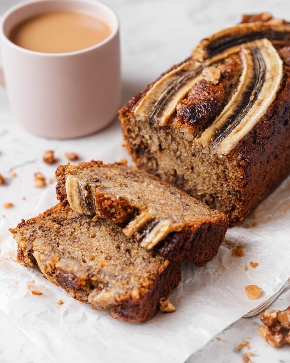 The image shows a loaf of banana bread with three thick slices cut and lying in front of it on white parchment paper over a white marbled surface. The bread is brown with a dense texture filled with visible nuts inside each slice. There are two halves of a banana placed on the top of the loaf, browned from baking, adding a natural decoration. Some nut crumbs and pieces are scattered around the bread on the parchment paper. To the left, there is a pale pink cup filled with light brown coffee. The scene is bright, highlighting the textures of the bread and the marbled surface. Photo taken with an iphone --ar 4:5 --v 7