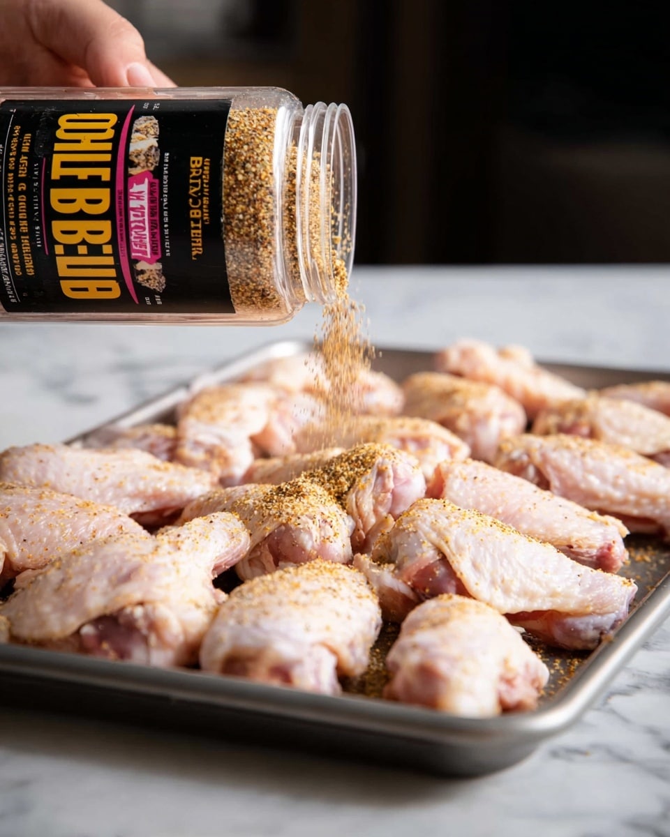 A white metal tray holds several raw chicken wings arranged in close rows, pale pink with hints of white fat. Above the tray, a woman's hand sprinkles light brown BBQ beef rub seasoning in fine particles onto the wings from a large clear plastic container with a black lid, showing a bold label with yellow, pink, and white text. The tray rests on a white marbled surface, and the background is softly blurred, focusing attention on the wings and seasoning. photo taken with an iphone --ar 4:5 --v 7