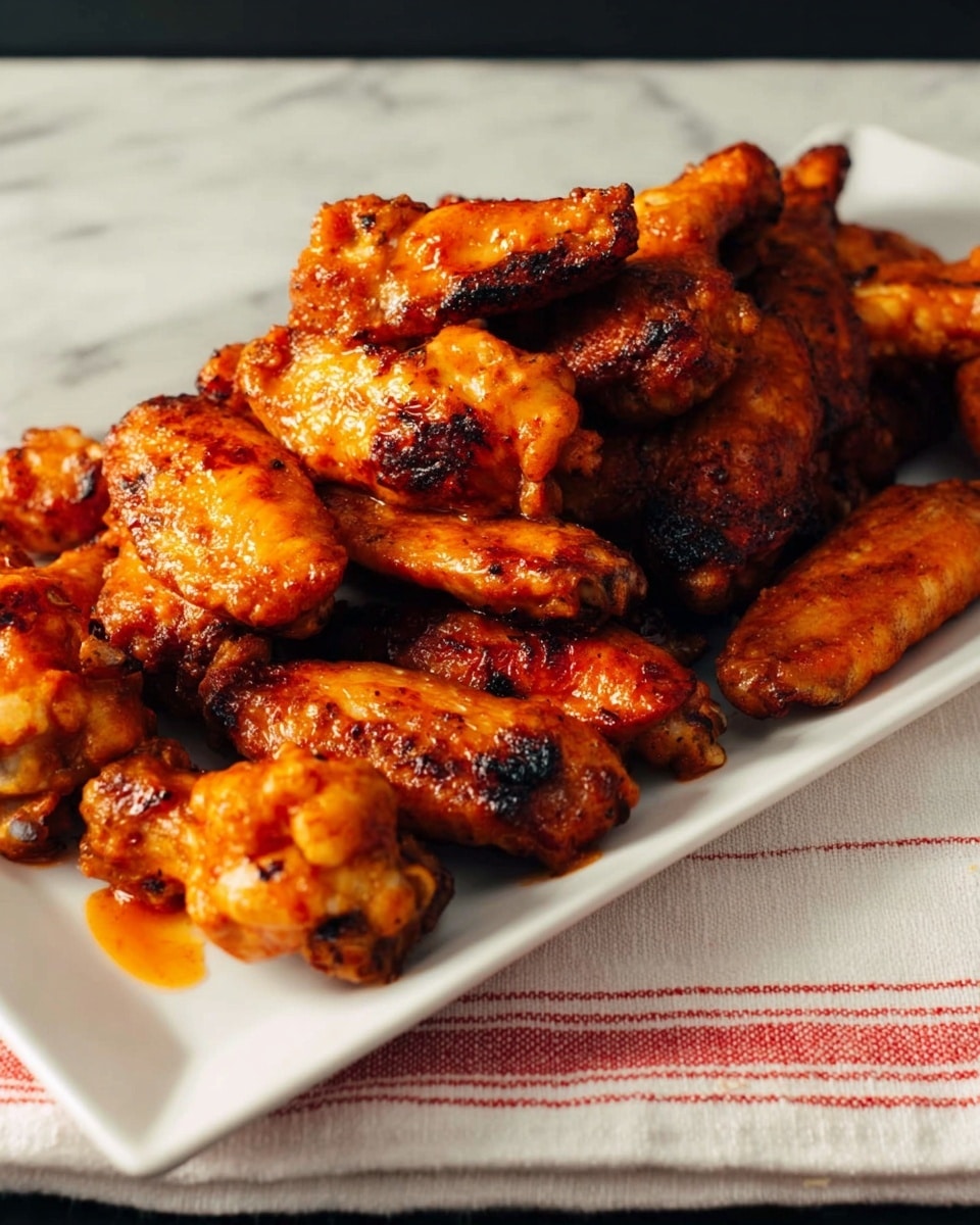 A white rectangular plate holds a pile of cooked chicken wings. The wings are covered in a shiny, orange-brown sauce with some char marks, giving them a slightly crispy look. The wings sit in several layers, with some wings laying flat on the plate and others stacked on top. The background has a white marbled surface with a white and red striped cloth partially visible under the plate. The lighting highlights the glossy texture and warmth of the chicken wings. photo taken with an iphone --ar 4:5 --v 7