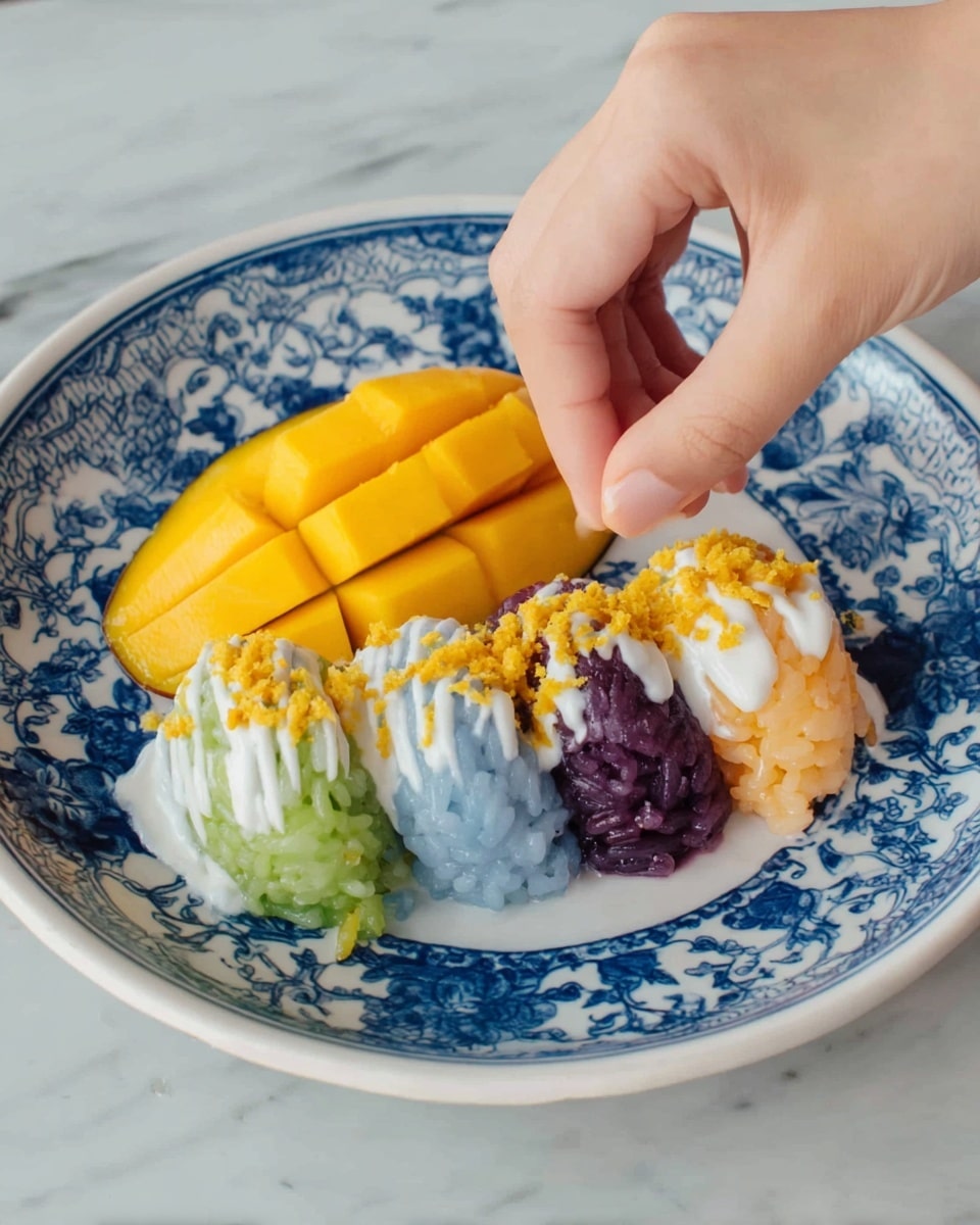 A white plate with blue patterns holds a colorful dessert arranged in five parts: on the left, sliced mango with bright yellow-orange smooth skin; next to it are four small mounds of sticky rice in purple, green, blue, and light orange colors, each topped with a white coconut cream drizzle and sprinkled with small yellow crunchy bits. A woman's hand is placing the crunchy bits on the purple sticky rice. The plate sits on a white marbled surface. photo taken with an iphone --ar 4:5 --v 7