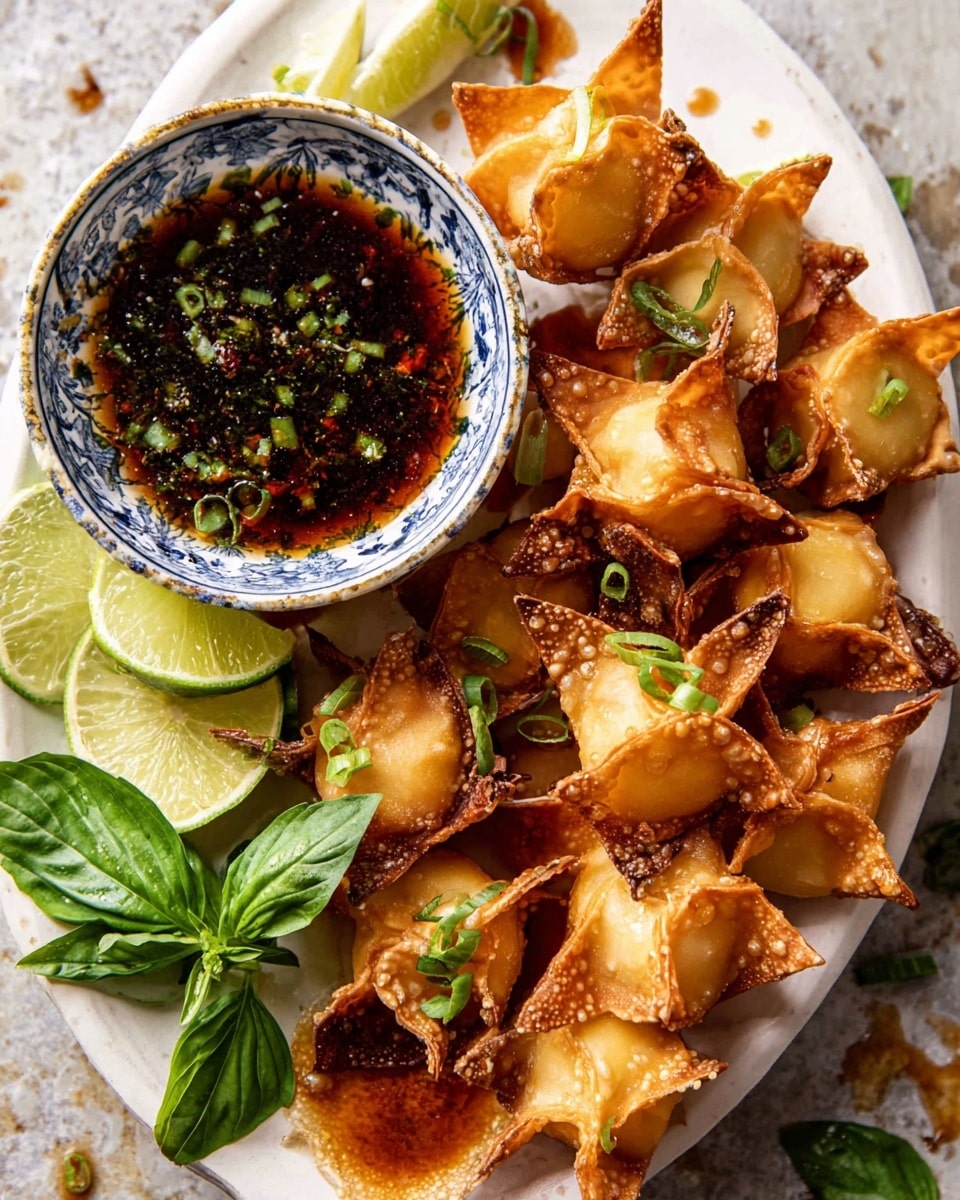 A white plate holds a pile of golden brown fried dumplings with slightly darker, crisp edges shaped like small stars, each topped with tiny green chive pieces. Near the top left of the plate is a small white bowl with blue patterns around the rim, filled with a dark brown dipping sauce containing green chopped herbs and chili flakes, and a few fresh green basil leaves partly dipped in the sauce. Alongside the dumplings and sauce bowl are fresh green basil sprigs and two wedge-shaped lime pieces with light green skin. The whole setup is placed on a white marbled surface with some sauce drips around. photo taken with an iphone --ar 4:5 --v 7