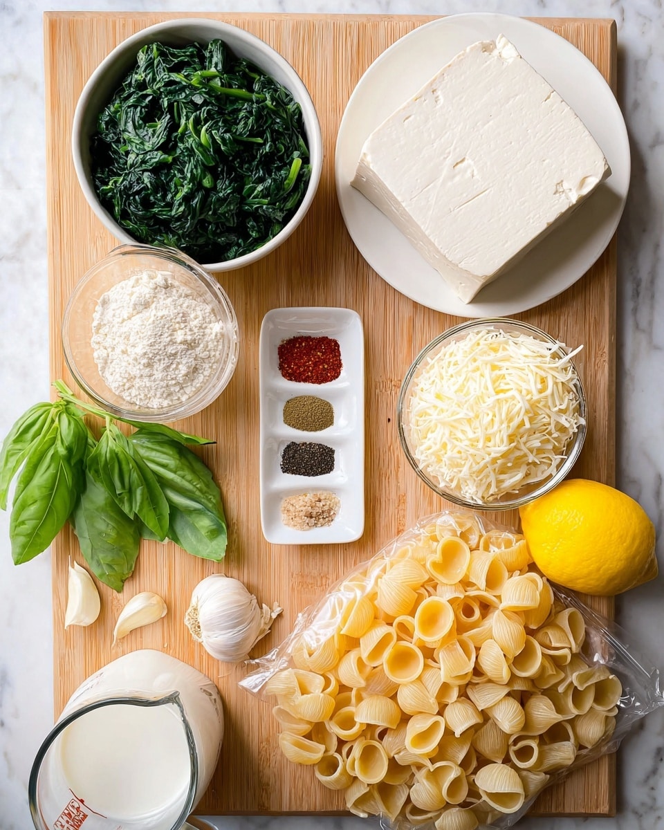 The image shows a wooden board on a white marbled surface with several food items neatly arranged. In the top left, there is a white bowl filled with dark green chopped spinach. To the right, a white plate holds a large, solid block of soft white tofu. Below the tofu, a clear glass bowl contains shredded white cheese. In the center, a small white dish holds five different spices in separated sections: red, black, green, beige, and light brown powders. Below the spices, a group of light yellow pasta shells is spread out beside a partially opened plastic bag of the same pasta. Fresh green basil leaves are placed near the pasta. A bright yellow lemon is positioned beside a white measuring cup filled with a foamy white liquid. Near the bottom left, four peeled garlic cloves rest on the wooden board. Photo taken with an iphone --ar 4:5 --v 7