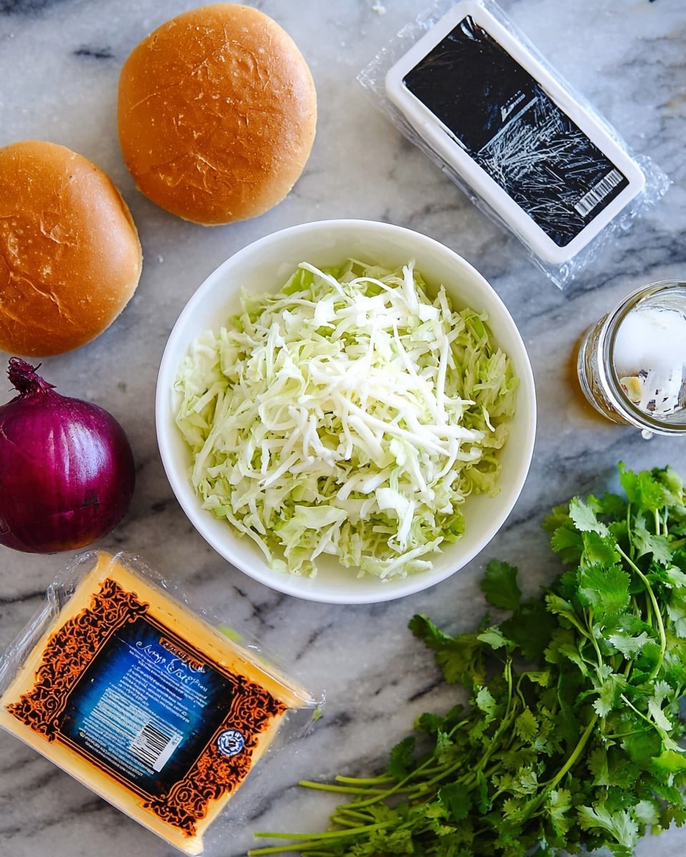 The image shows a white bowl in the center filled with shredded light green cabbage topped with white shredded cheese. To the left of the bowl, there are two golden brown burger buns with a smooth, shiny surface and a dark red onion with its skin on. Below the bowl, there is a package of sliced yellow cheese with a decorative label. To the right, there is a bunch of fresh green cilantro, a white jar with a blue lid, and a glass bottle with a dark dressing inside. All items are placed on a white marbled surface. The photo is taken with an iphone --ar 4:5 --v 7