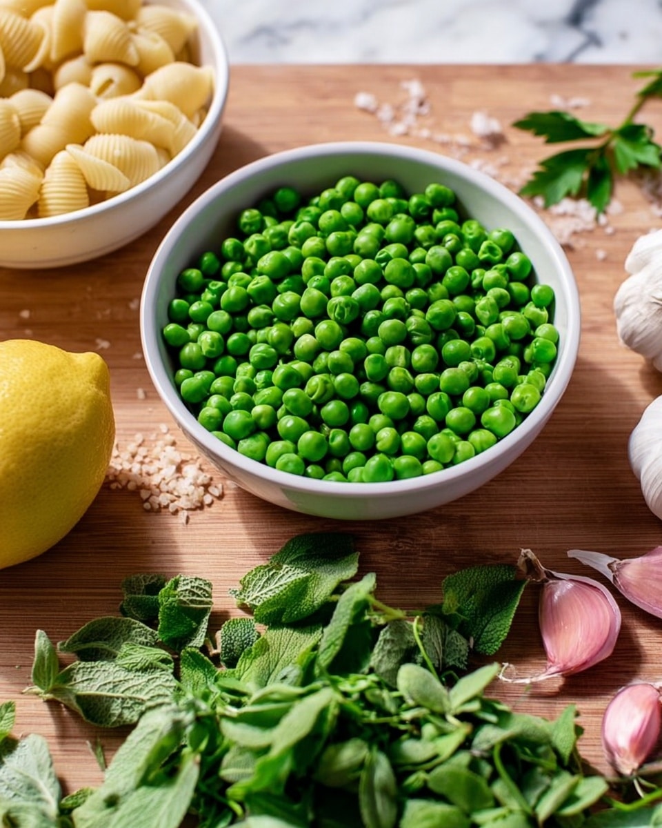 A white bowl filled with bright green peas sits in the center on a wooden table with a bunch of fresh green leafy herbs in front. To the left, there is a yellow lemon and part of another white bowl filled with shell pasta. On the right side, there are two small pink shallots next to three peeled garlic cloves and some green herb leaves scattered around. The background shows a clean white marbled texture. photo taken with an iphone --ar 4:5 --v 7