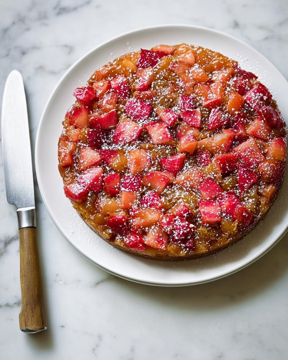 A round fruit tart with two visible layers sits on a white plate placed on a white marbled surface. The top layer is made of small chunks of reddish and light green fruit, likely rhubarb, giving it a mix of vibrant pink and pale green colors with a slightly shiny texture. Underneath, there is a golden brown crust that looks crumbly and firm, forming the base. A slice of the tart is cut out and slightly lifted by a silver knife with a dark wooden handle, showing the thickness and texture of both the fruit topping and crust. A light dusting of powdered sugar sprinkles the tart and the plate around it, highlighting the colors and adding a soft finish. In the background, there are stacked white plates with gold trim. Photo taken with an iphone --ar 4:5 --v 7