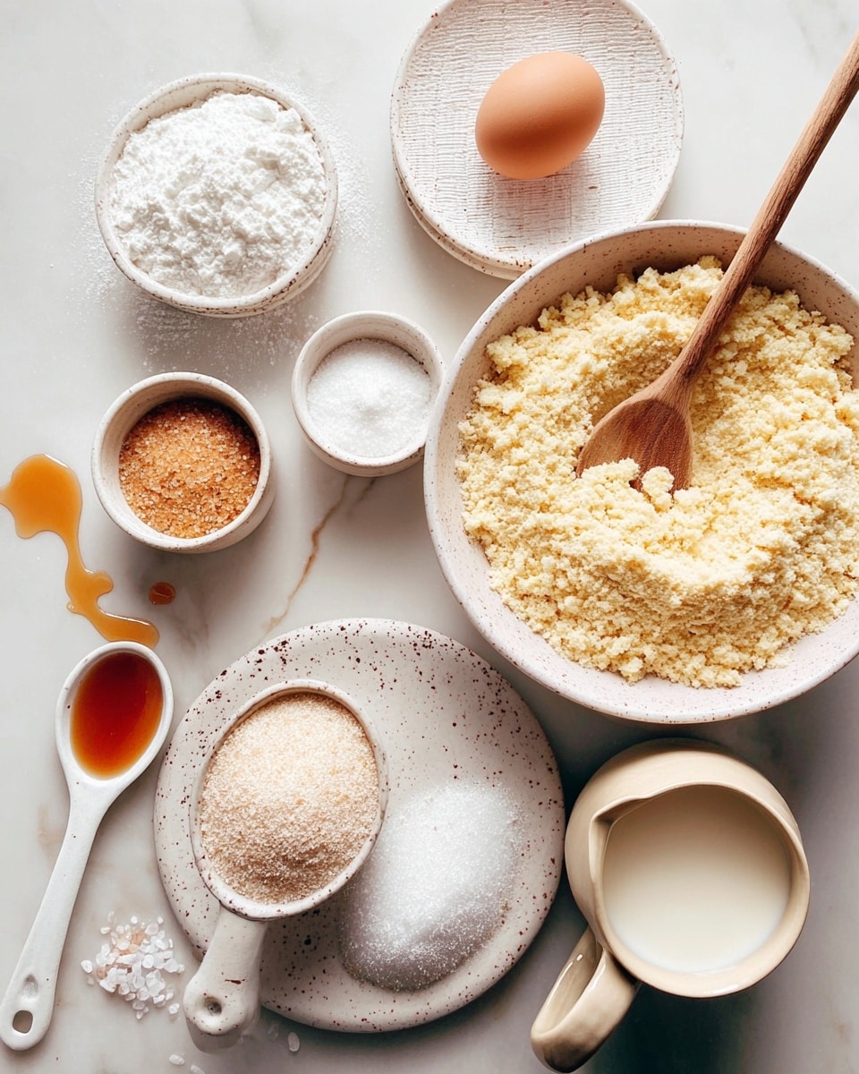 The image shows various baking ingredients arranged neatly on a white marbled surface. In the center, there is a white speckled plate holding three small bowls filled with white powdered sugar, white flour, and golden brown sugar. To the right, a large white bowl contains a pale yellow crumbly mixture with a wooden spoon inside. Above, there is a small white dish with an egg sitting on a white textured plate and a small bowl of white powder. On the left side, a white ceramic spoon holds a small amount of amber liquid with a drop spilled nearby, next to a measuring spoon with coarse salt. To the bottom right, there is a beige pitcher filled with milk. photo taken with an iphone --ar 4:5 --v 7