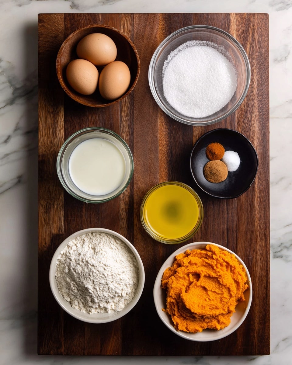 A dark wooden board holds six different bowls and a glass cup, all neatly arranged. At the top left is a small wooden bowl with three light brown eggs. In the middle top is a small clear glass bowl filled with white granulated sugar. Top right features a small black bowl containing two light brown rounds of spice and a white powder. At the center bottom is a transparent glass cup filled with milky white liquid. Just below center is a small clear glass bowl with a yellow liquid. Bottom left shows a white bowl filled with white flour, with a small round indentation in the middle. Bottom right has a white bowl filled with bright orange mashed texture. The surface is a dark wooden board, and outside the board is a white marbled texture. Photo taken with an iphone --ar 4:5 --v 7