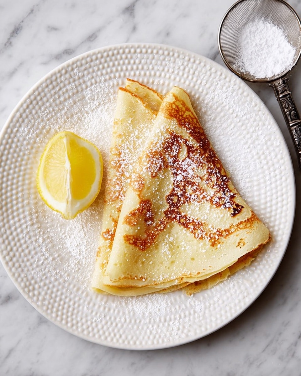 Two thin crepes folded into quarters lay on a white plate with a textured pattern of teardrops and dots around the rim. The crepes have a light golden-brown color with darker browned spots on the edges. A small lemon wedge with bright yellow skin and juicy pale flesh rests at the side of the crepes. The entire dish is lightly dusted with powdered sugar, some of which has settled on the plate as well. Next to the plate is a fine mesh sifter containing more powdered sugar, and the background is a white marbled surface. photo taken with an iphone --ar 4:5 --v 7