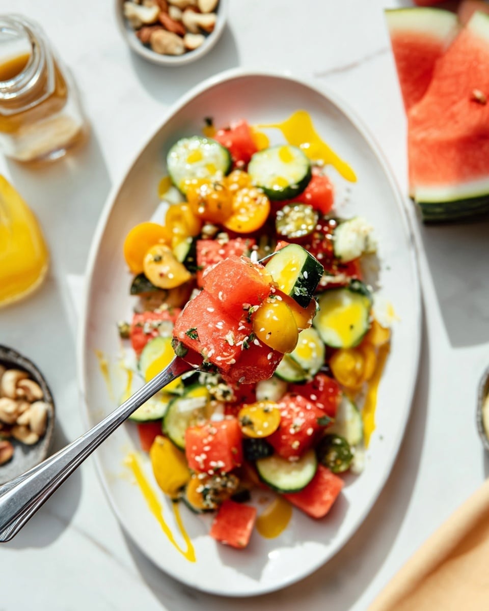 A white oval plate sits on a white marbled surface, filled with a colorful salad made up of cubed red watermelon, slices of green cucumber, and yellow cherry tomatoes. The salad is topped with a drizzle of bright yellow dressing and sprinkled with small white sesame seeds. A fork holds up a bite-sized portion featuring chunks of watermelon, cucumber, and tomato coated with the dressing. Around the plate, there are small bowls with nuts and sauce jars, adding to the fresh and vibrant scene. Photo taken with an iphone --ar 4:5 --v 7