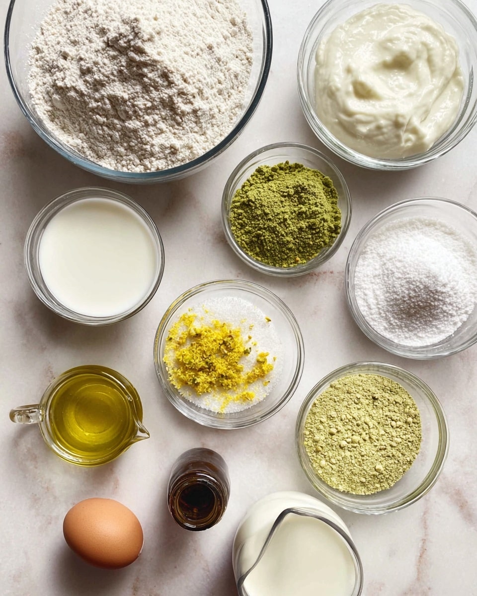 The image shows several clear glass bowls and a small glass pitcher arranged on a white marbled surface. There are nine containers total: one filled with white flour, one with green powder, one with yellow lemon zest, one with white cream or yogurt, one with white baking powder and baking soda, one with fine white sugar, one with a light greenish-yellow ground pistachio mixture, one with a creamy white milk-like liquid, and a brown egg placed next to a small dark bottle, likely vanilla extract. The light yellow oil in the small pitcher sits at the bottom left. All ingredients are neatly placed and clearly visible. Photo taken with an iphone --ar 4:5 --v 7
