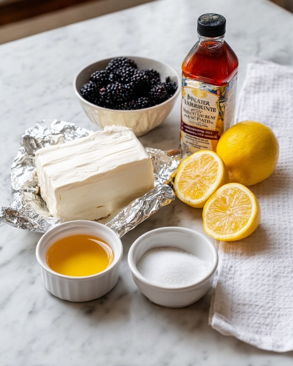 The image shows a white marbled surface with various ingredients for a recipe arranged neatly. In the foreground, there are two small white bowls; the left one holds a golden honey-like liquid, and the right one contains white granulated sugar. Behind these bowls, there is an opened block of cream cheese wrapped in silver foil, white and smooth in texture. To the right of the cream cheese, there are two lemon halves with a bright yellow color and juicy texture. Behind the lemon halves, a small amber-colored bottle labeled