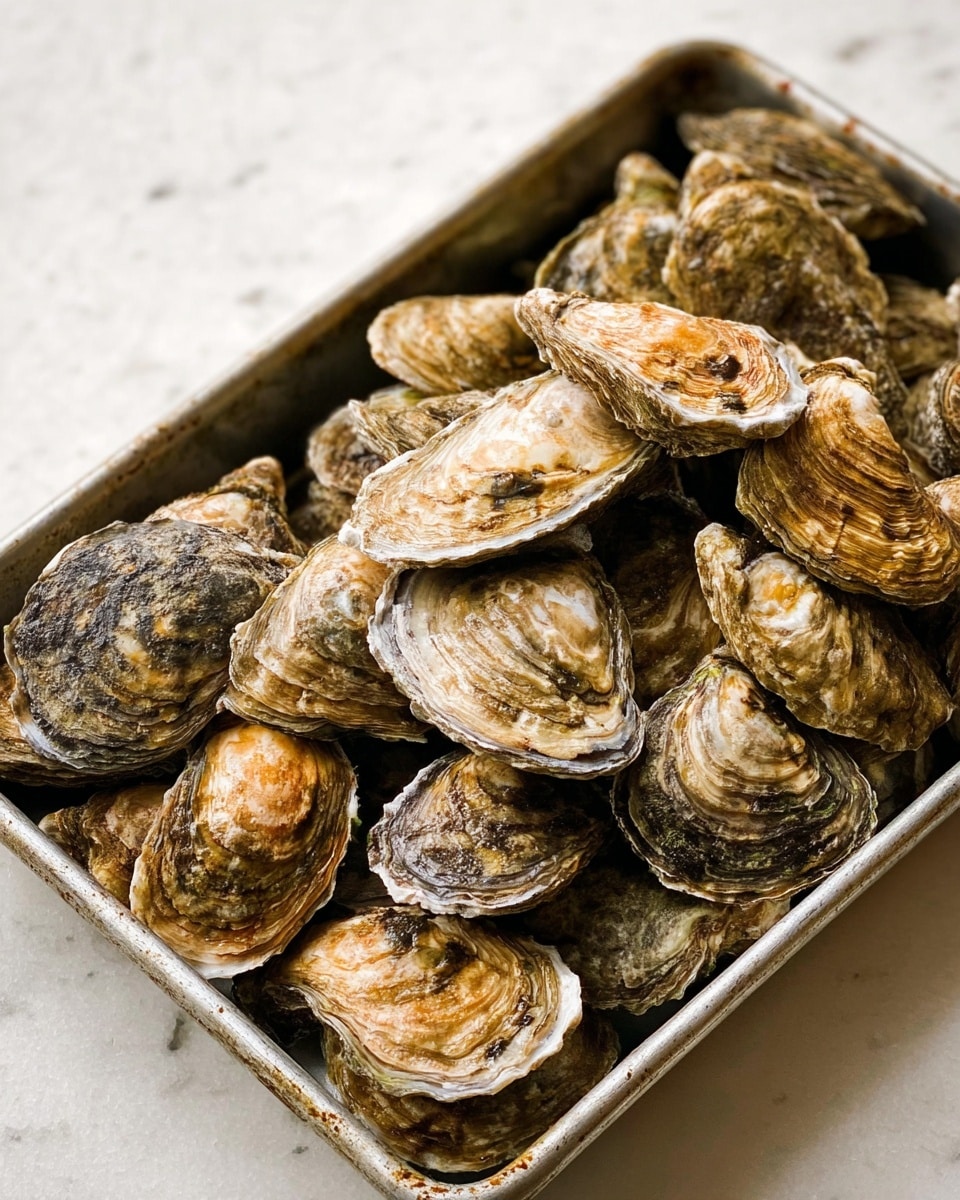 A metal tray filled with a pile of whole oysters in their rough, textured shells, showing various shades of brown, gray, and off-white with natural ridges and spots, arranged randomly with some shells overlapping. The tray is placed on a white marbled surface. The oyster shells have earthy, natural colors and appear raw, creating a rustic look. photo taken with an iphone --ar 4:5 --v 7