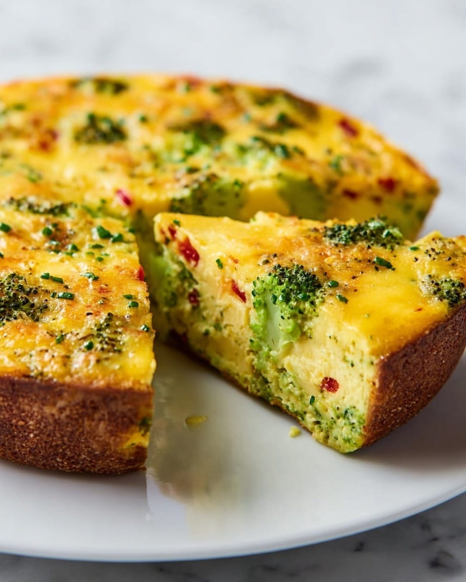 A thick frittata cooked in a silver pan with a slightly browned edge. The dish is filled with bright green broccoli florets and small red tomato pieces scattered evenly throughout. The top layer is a golden, melted cheese with a slightly shiny, smooth texture. The broccoli pieces are visible on the surface, adding a textured green contrast to the yellow and orange base. The pan's handle is sleek and metallic, resting on a white marbled surface with a white cloth featuring blue stripes partly visible underneath. photo taken with an iphone --ar 4:5 --v 7