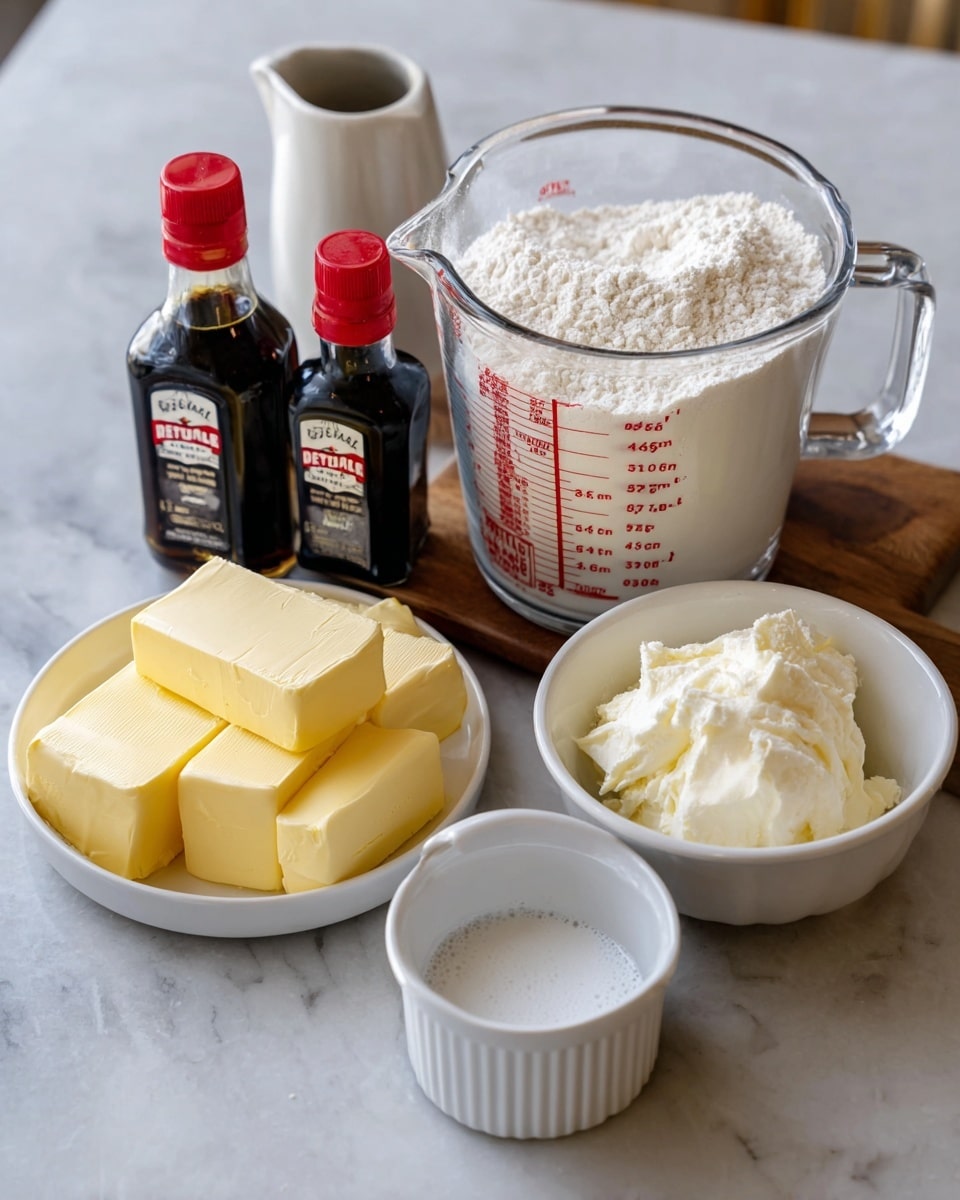 A clear glass measuring cup filled to the top with white flour sits on a white marbled surface, with a small wooden board and a white ceramic container in the background. In front, there is a white bowl holding four blocks of yellow butter with a soft texture. Next to it, two small dark bottles with red caps labeled as vanilla and almond extract stand upright. Another white bowl contains a large piece of white cream cheese with a smooth surface. In front of this is a small white ramekin labeled