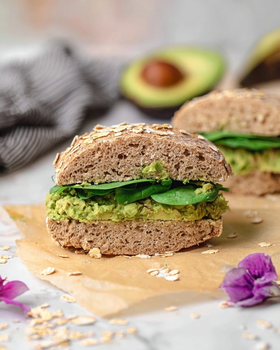 A close-up image of a sandwich made with two halves of a small, round oat bread roll topped with scattered oats. The sandwich is cut in half, showing two visible layers inside: a thick layer of bright green mashed avocado at the bottom and fresh green spinach leaves on top. The sandwich is placed on a sheet of parchment paper on a white marbled surface. Around the sandwich, there are some loose oats, a piece of purple flower, and other small food bits. In the blurred background, a halved avocado and a black-and-white striped cloth are visible. photo taken with an iphone --ar 4:5 --v 7