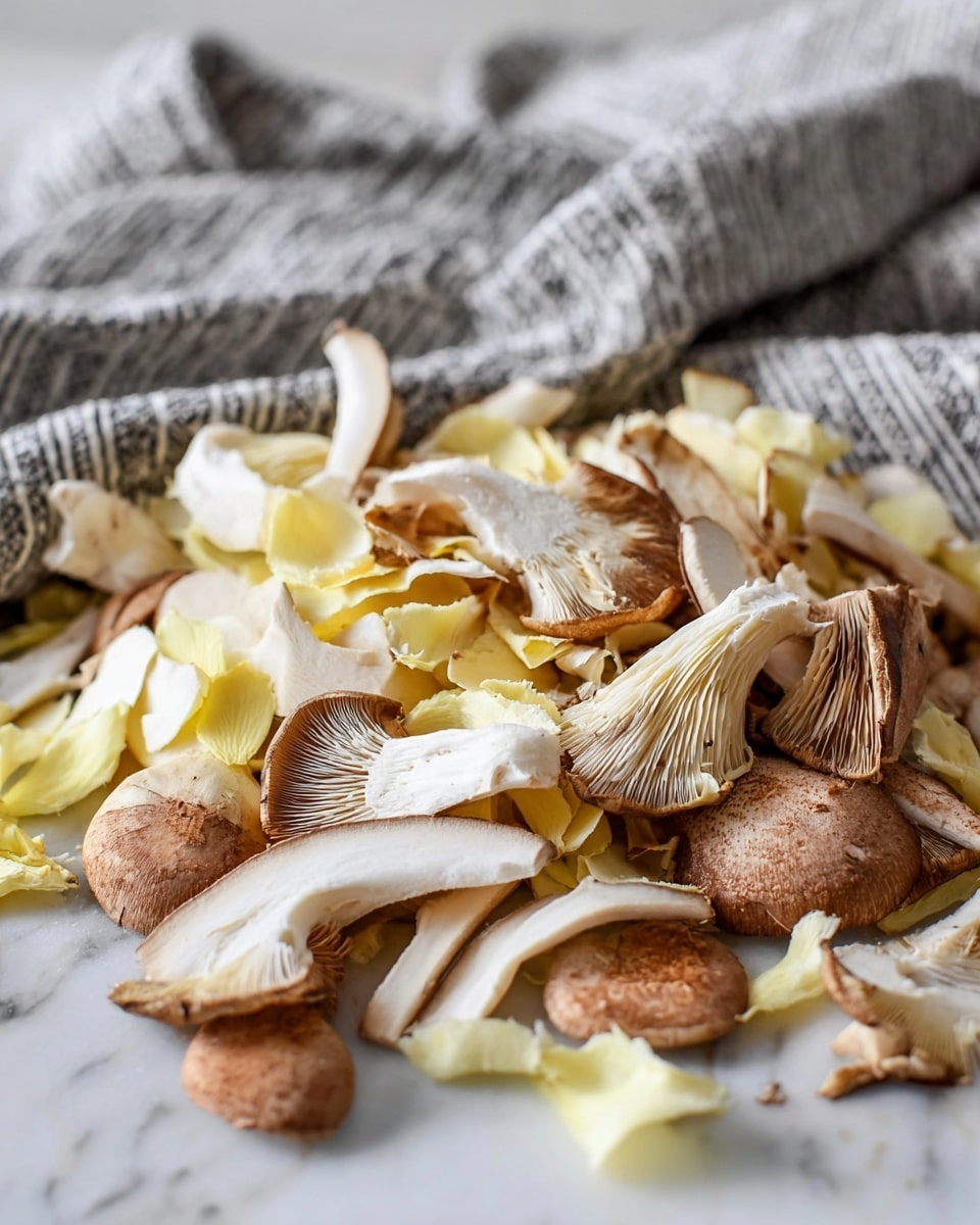 A close-up view of a pile of mixed sliced mushrooms scattered loosely on a white marbled surface. The mushrooms vary in shape and color: some are creamy yellow with delicate, ruffled edges and fan-like gills, while others are light to dark brown with smooth, firm caps and pale undersides. The textures range from soft and slightly fuzzy to smooth and firm. In the background, there is a soft-focus gray and white striped cloth that adds a cozy feel to the scene. Photo taken with an iphone --ar 4:5 --v 7