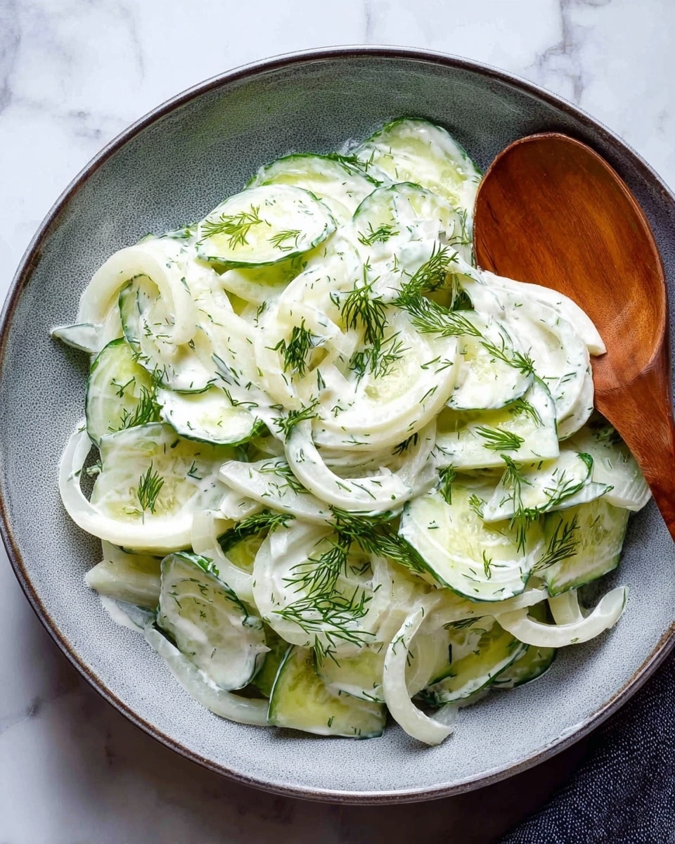 The dish is a creamy cucumber and onion salad served in a white bowl with a gray rim. It has two main layers: the first layer consists of thin, pale white onion slices with smooth texture arranged in loose curls, and the second layer has semi-transparent, green-edged cucumber slices shaped like half-moons spread over the onions. The salad is coated with a thick, creamy white dressing visible on all pieces, giving a slightly shiny look. Bright green dill sprigs are scattered on top for a fresh color contrast. A wooden spoon rests on the right side inside the bowl, and the bowl is placed on a white marbled surface. photo taken with an iphone --ar 4:5 --v 7