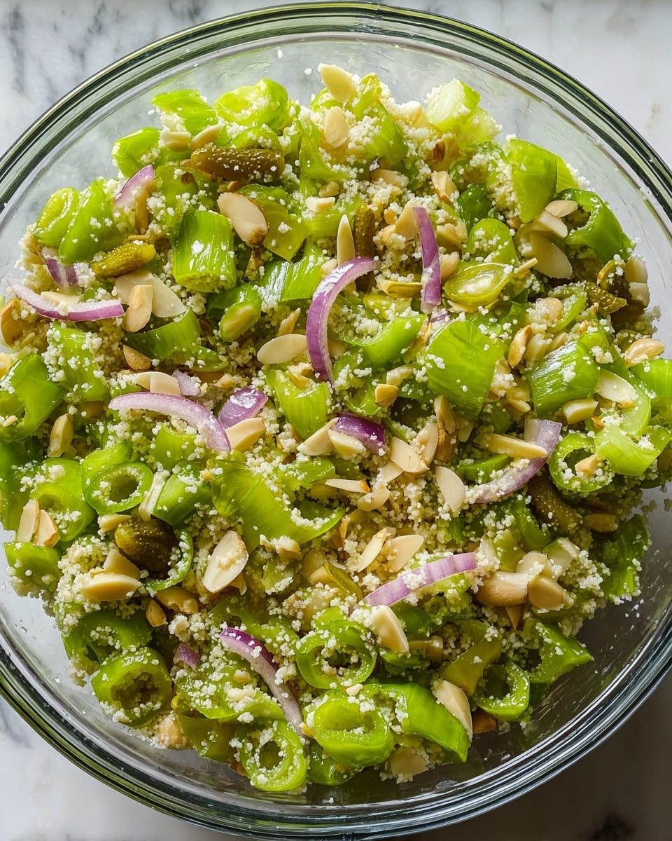 The image shows a clear glass bowl filled with a mixed salad composed of roughly four main layers. The bottom layer consists of small light beige granules that resemble couscous or finely crumbled cheese. Above this base, there are many thick, shiny, bright green slices of celery, cut into semi-circles and chunks, mixed evenly throughout the bowl. Scattered among the celery pieces are medium-sized pale yellow slivers of almonds or nuts with a smooth texture. Thinly sliced light purple rings of red onion are dotted lightly throughout the mix, adding subtle color contrast. A few small, greenish-yellow pickle slices are also mixed in evenly. The bowl sits on a white marbled surface. The overall look is fresh and crunchy with shades of green, beige, and purple photo taken with an iphone --ar 4:5 --v 7