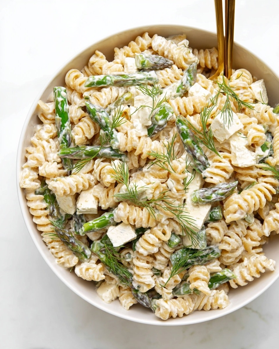 The image shows a close-up of a creamy pasta salad with three main layers visible. The base layer consists of spiral-shaped rotini pasta, light beige in color, well coated with a thick, creamy white sauce. Mixed evenly throughout the pasta are bright green asparagus pieces cut into small segments and hard-boiled egg slices with white and yellow parts. Scattered on top are small sprigs of fresh dill, adding a touch of dark green and a feathery texture against the smooth pasta and sauce. The whole dish lies on a white marbled surface, giving a clean and fresh look. Photo taken with an iphone --ar 4:5 --v 7