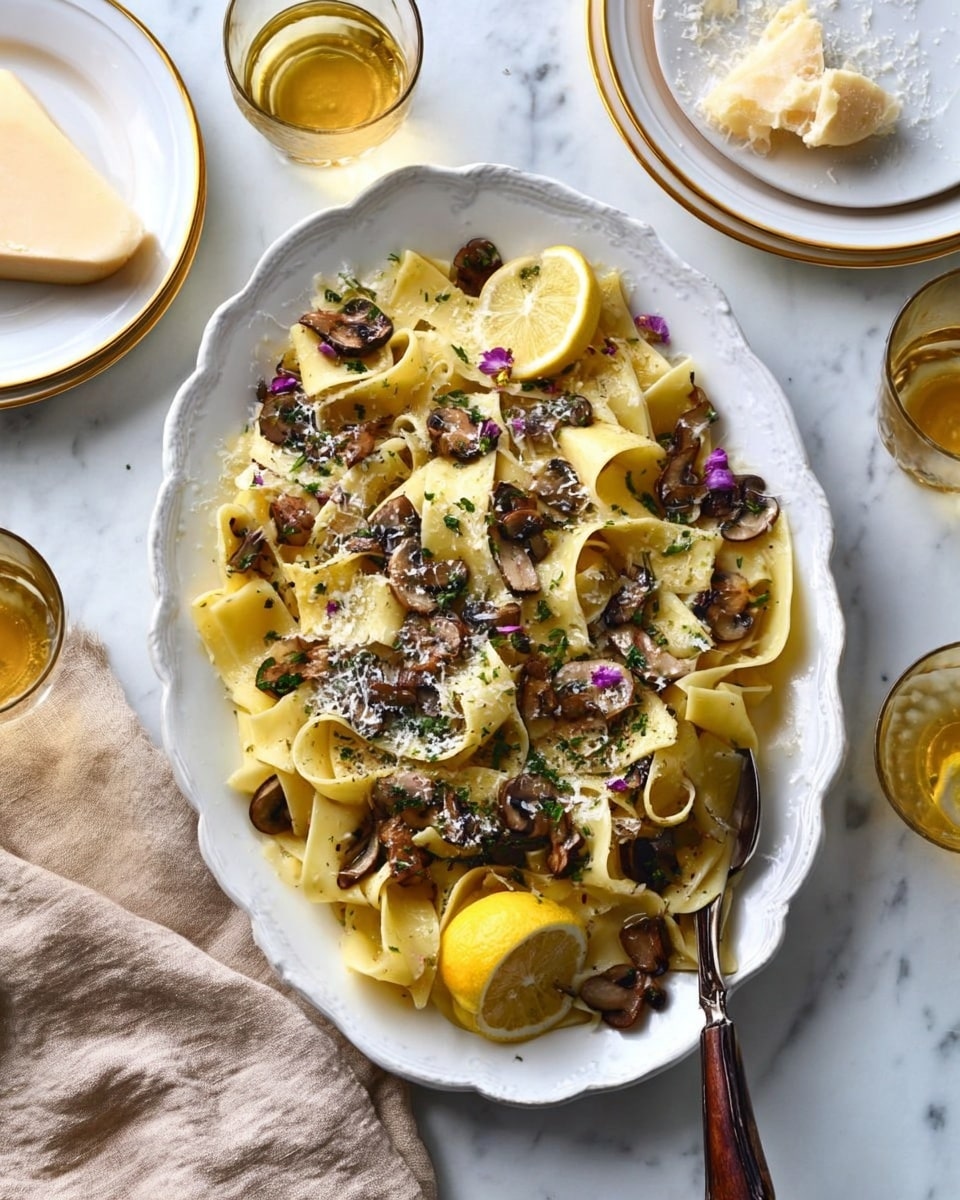 A white oval plate filled with wide, flat pasta ribbons in a pale yellow shade, topped with sautéed brown mushrooms scattered around. There are two lemon halves placed on top of the pasta, one near the edge and one closer to the center. The dish is sprinkled with finely grated white cheese and small purple flower petals. A silver spoon with a dark brown handle rests on the side of the plate. The plate is set on a white marbled surface, surrounded by a clear glass of golden liquid, a chunk of pale cheese nearby, a beige cloth napkin, and white plates with gold rims visible at the edges. Photo taken with an iphone --ar 4:5 --v 7