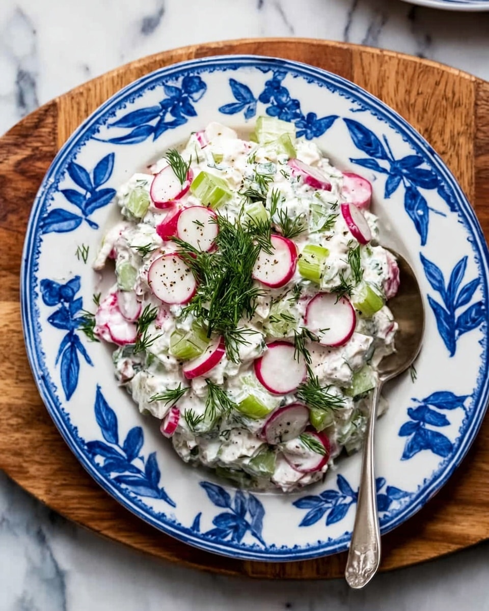 A white oval plate with blue leaf patterns holds a creamy salad made of two main layers: the bottom layer has small chopped green celery pieces, while the top layer is thick white cream mixed with thin round slices of red radish and bits of green herbs spread evenly, garnished with fresh dill. A silver spoon rests on the right side of the plate. The plate is placed on a wooden board that sits on a white marbled surface. Photo taken with an iphone --ar 4:5 --v 7