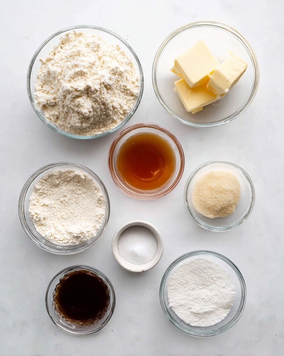 A top view of seven clear glass bowls on a white marbled surface, each holding different baking ingredients separately. The largest bowl in the top left contains a white powdery flour mixture with a chunky texture. To its right, a medium bowl holds two small pale yellow blocks of butter. Below the flour, a small bowl is filled mostly with a light flour powder. Centered below the butter, a medium bowl has a smooth honey brown liquid. To the right of the honey, a medium bowl holds a fine white powder. At the bottom left, a tiny bowl contains fine white salt, and beside it a small bowl holds a dark brown liquid, most likely vanilla extract. The arrangement is neat, with bowls spaced evenly. photo taken with an iphone --ar 4:5 --v 7
