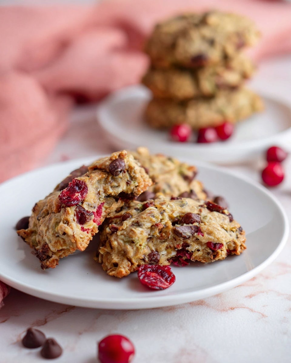 A white plate on a white marbled surface holds three oatmeal cookies broken into pieces at the front, showing textures of oats and bits of dark brown chocolate chips and red cranberries mixed inside. Behind these broken cookies, there is a soft pink cloth partially visible. In the background, slightly out of focus, a stack of four whole oatmeal cookies sits on the same white marbled surface. A few whole red cranberries and scattered dark brown chocolate chips are on the surface near the plate, adding color interest. The lighting is soft and natural, giving a cozy and fresh feeling to the scene. Photo taken with an iphone --ar 4:5 --v 7