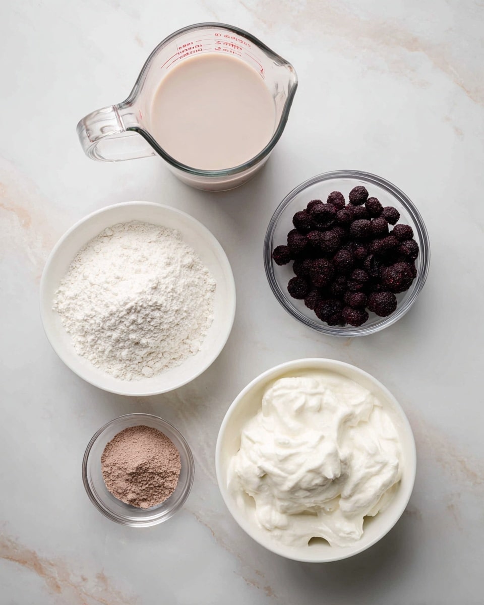 The image shows five glass containers on a white marbled surface: a large measuring cup filled with light beige liquid at the top left, a small white bowl filled with white powdery flour near the center left, a small clear bowl with dark purple berries at the top right, a small round glass bowl containing a light brown powder near the bottom left, and a larger white bowl at the bottom right filled with thick white creamy yogurt. The containers are spaced evenly. photo taken with an iphone --ar 4:5 --v 7