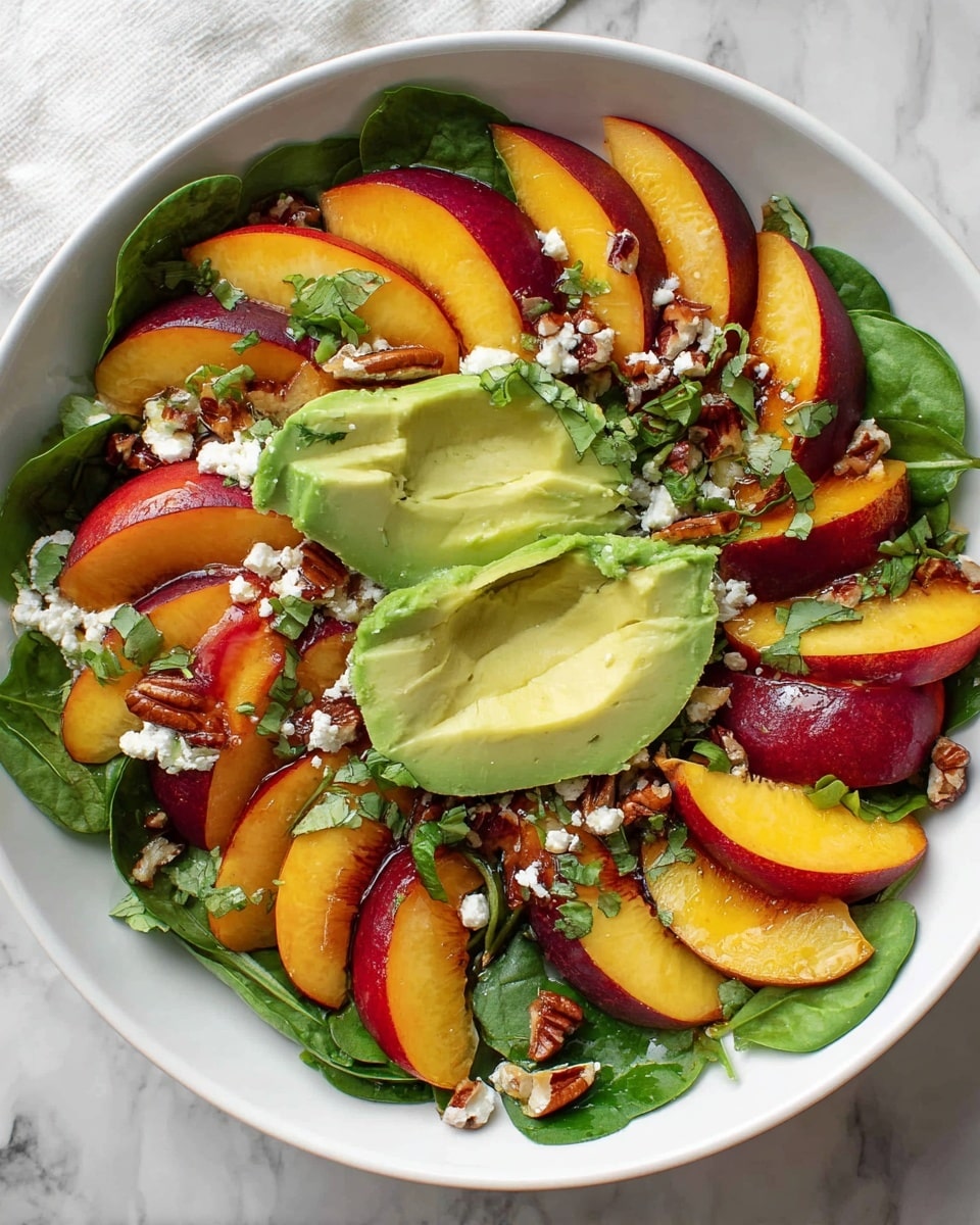 A white bowl filled with a fresh salad is placed on a white marbled surface. The bottom layer is dark green spinach leaves that cover the whole bowl. On top of the spinach, there are bright yellow and red peach slices arranged evenly around the bowl’s edge. In the center on top, two halves of sliced avocado with light green flesh sit side by side. Small white crumbles of cheese are scattered across the salad, with pieces of pecans adding texture throughout. Fresh chopped green herbs are sprinkled over everything, adding a touch of color and freshness. photo taken with an iphone --ar 4:5 --v 7