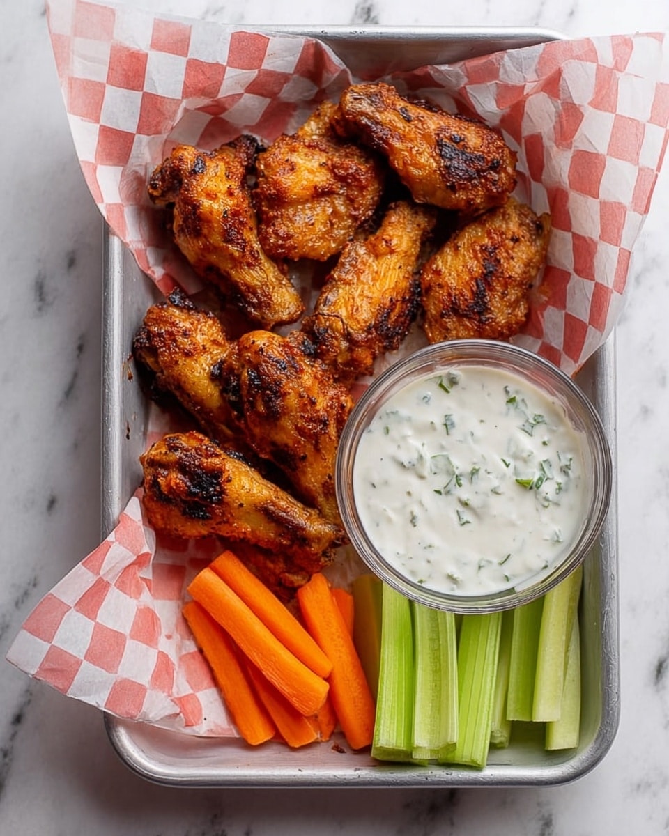 A metal tray lined with red and white checkered paper holds about ten golden brown chicken wings, some with visible char marks, arranged mostly on the left side. On the right, next to the wings, is a small round clear glass bowl filled with thick white ranch dip speckled with herbs. Below the bowl, bright green celery sticks and fresh orange carrot sticks lay side by side in neat small piles. The tray is placed on a white marbled surface. photo taken with an iphone --ar 4:5 --v 7
