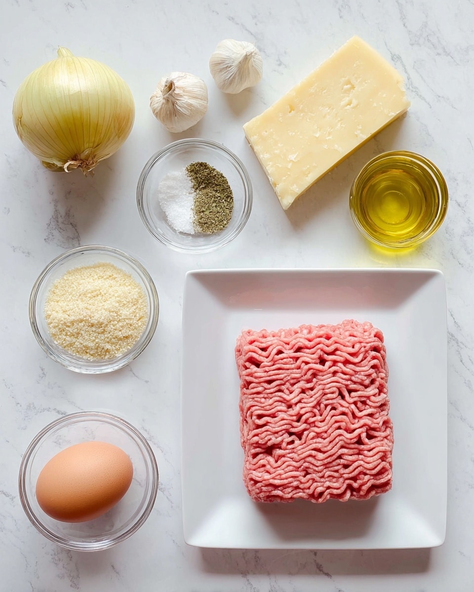 The image shows ingredients for a meat dish arranged neatly on a white marbled surface. On the right side, there is a white square plate holding a single block of raw ground meat with a soft, wavy texture and a bright pink color. To the left of the plate, there are seven small items: a whole yellow onion at the top, two clear glass bowls near the top left with one containing white and green spices and the other holding two garlic cloves, a third clear glass bowl near the bottom left filled with fine breadcrumbs, a whole brown egg placed next to a large chunk of pale yellow cheese with a hard texture, and a small clear glass bottle with golden-yellow olive oil at the top right. The scene is bright and clean with an uncluttered look. Photo taken with an iphone --ar 4:5 --v 7