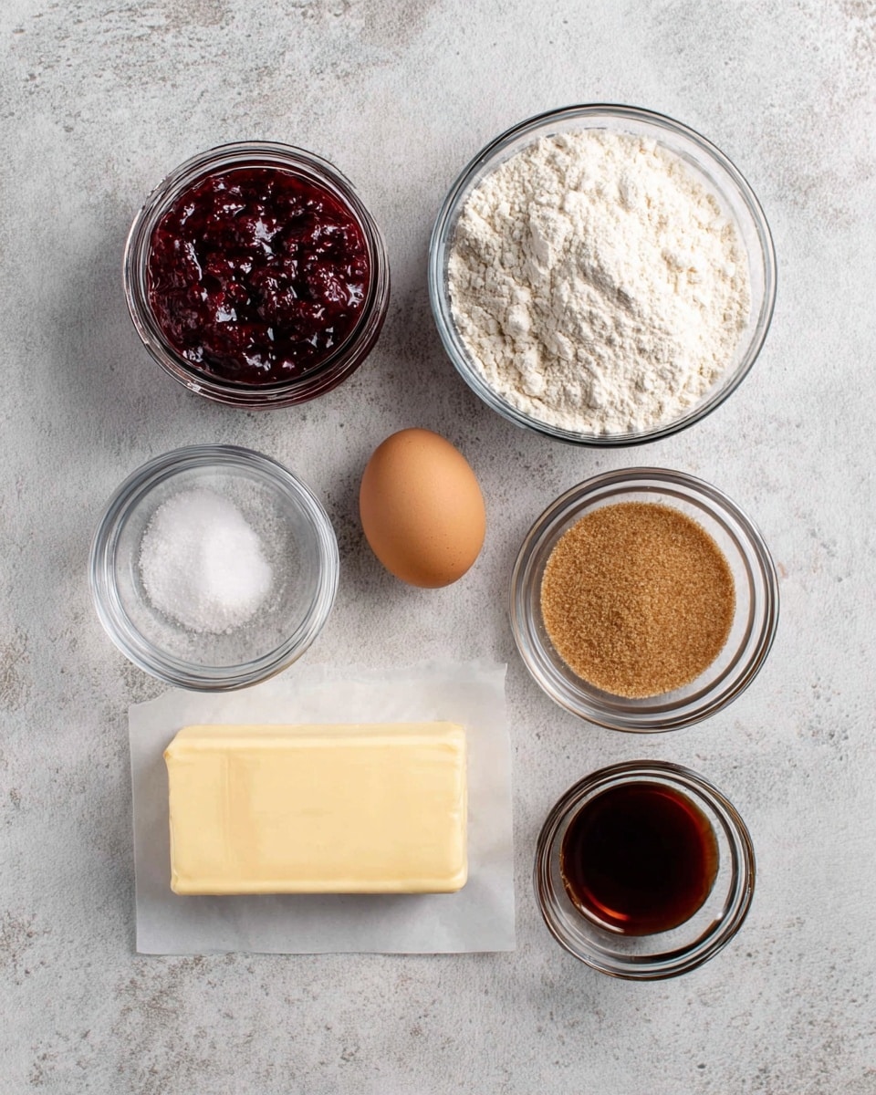 The image shows seven separate ingredients placed on a light gray stone surface with a subtle white marbled texture. From left to right, there is a jar of dark red berry jam with chunky texture, a clear glass bowl filled with white flour, a single brown egg, a small shallow clear glass bowl with a little white powder, a medium clear glass bowl full of light brown sugar, a small clear glass bowl with a dark brown liquid, and a pale yellow stick of butter resting on a white sheet of parchment paper, all spaced evenly apart. Photo taken with an iphone --ar 4:5 --v 7