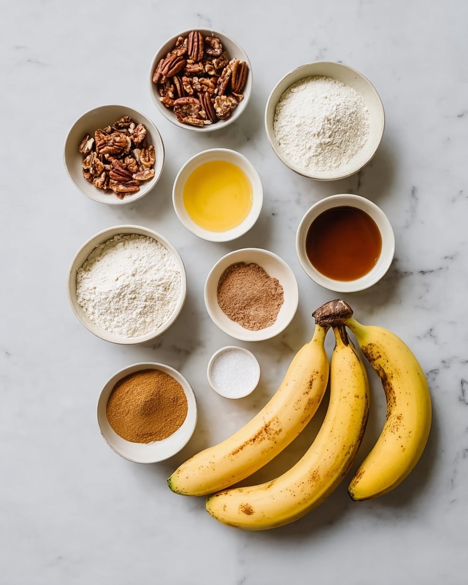 The image shows a group of baking ingredients neatly placed on a white marbled surface. There are nine small white bowls arranged in a loose circular pattern, each filled with different ingredients: white flour, chopped pecans with brown and beige hues, melted yellow butter, a brown liquid that could be syrup, granulated brown sugar, white almond flour, a small bowl of light brown cinnamon powder, white baking powder, and white granulated salt. On the lower right side are four ripe bananas, yellow with brown spots, two of which still have green near their stems. The overall look is clean and organized, with soft natural light highlighting the colors and textures. photo taken with an iphone --ar 4:5 --v 7