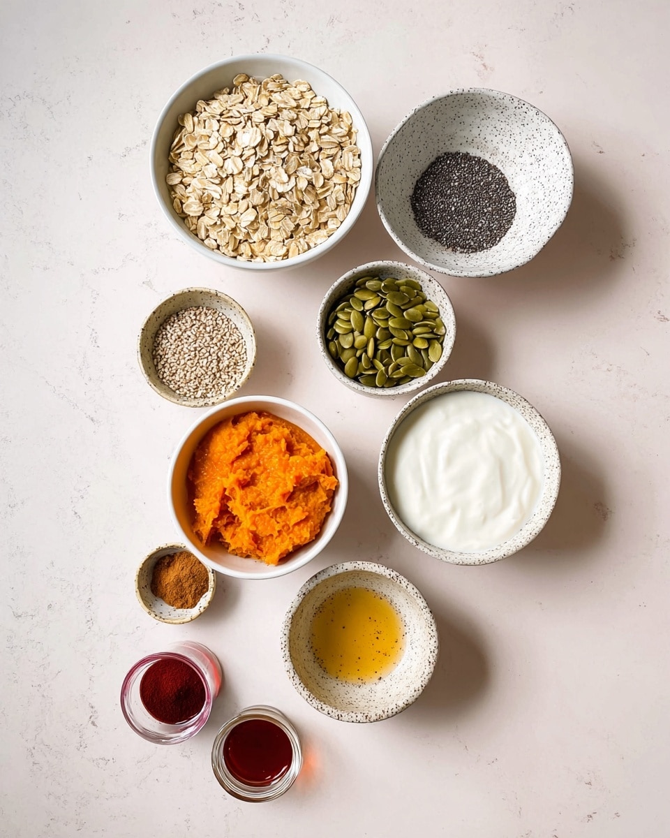 The image shows nine small bowls and containers arranged neatly on a white marbled surface. Starting from the top left, there is a bowl filled with beige rolled oats, followed to the right by a white bowl with tiny black chia seeds. Below the oats, a white bowl with green pumpkin seeds is placed. Next to that, at the center-right, is a speckled bowl with smooth white yogurt. At the bottom right, a white bowl holds bright orange pumpkin puree. Two small speckled bowls in the lower left corner contain different brown spices, one slightly darker than the other. Finally, two small containers sit at the bottom, one with a dark red liquid and the other with a golden honey-like liquid. The overall look is clean and bright, highlighting the natural colors and textures of each ingredient. photo taken with an iphone --ar 4:5 --v 7