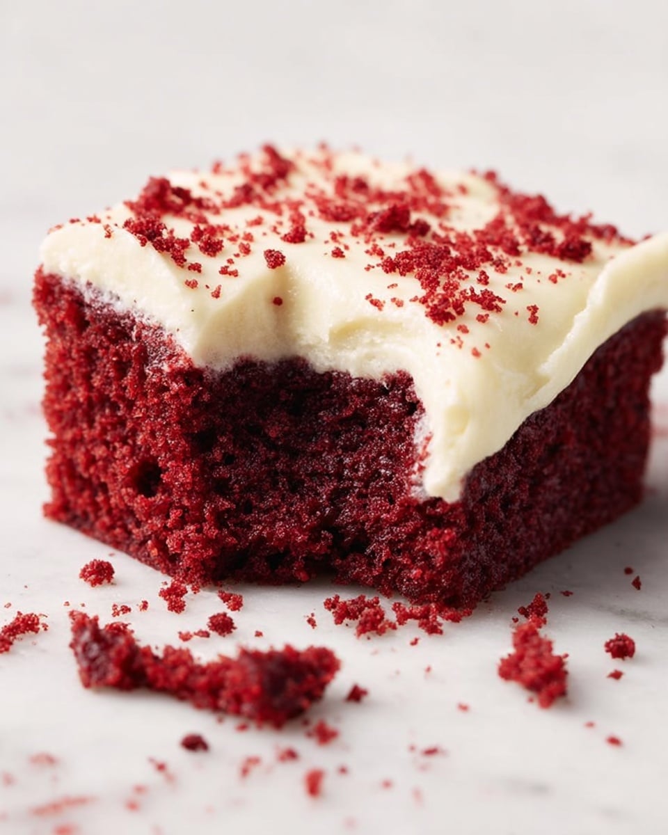 A single piece of dark red velvet cake with a thick layer of creamy white frosting on top, sprinkled with small red cake crumbs. The cake is partly eaten, showing its soft and moist texture inside. Crumbs are scattered around the cake on a white marbled surface, enhancing the focus on the rich colors of the cake and smooth frosting. Photo taken with an iphone --ar 4:5 --v 7