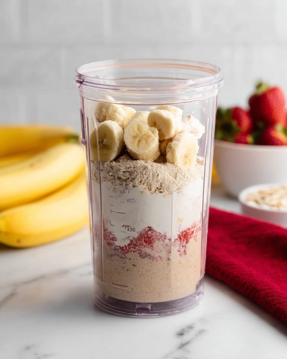 A clear plastic blender cup filled with layers of ingredients for a smoothie. The bottom layer is light brown powder, likely oats or powder, followed by a thick white layer of milk or yogurt with visible bits of red strawberries mixed inside. Above this is another layer of light brown powder, topped with sliced yellow bananas. The blender cup is placed on a white marbled surface, with yellow bananas out of focus on the left and a white bowl filled with red strawberries on the right. A red cloth is partly visible in the foreground. Photo taken with an iphone --ar 4:5 --v 7