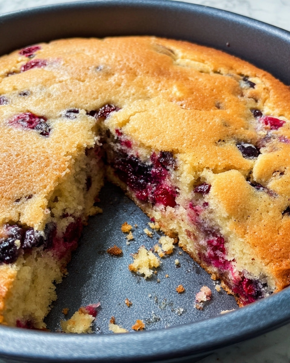 The image shows several thick square pieces of berry cake stacked on a white plate with green stripes. The cake has three main layers: a golden-brown top crust, a middle soft light yellow layer with visible crushed berries in red, purple, and dark blue colors, and a moist bottom layer with a mix of light yellow and purple from the berries. The texture looks crumbly and soft with some pieces breaking off. The background is a wooden surface. photo taken with an iphone --ar 4:5 --v 7