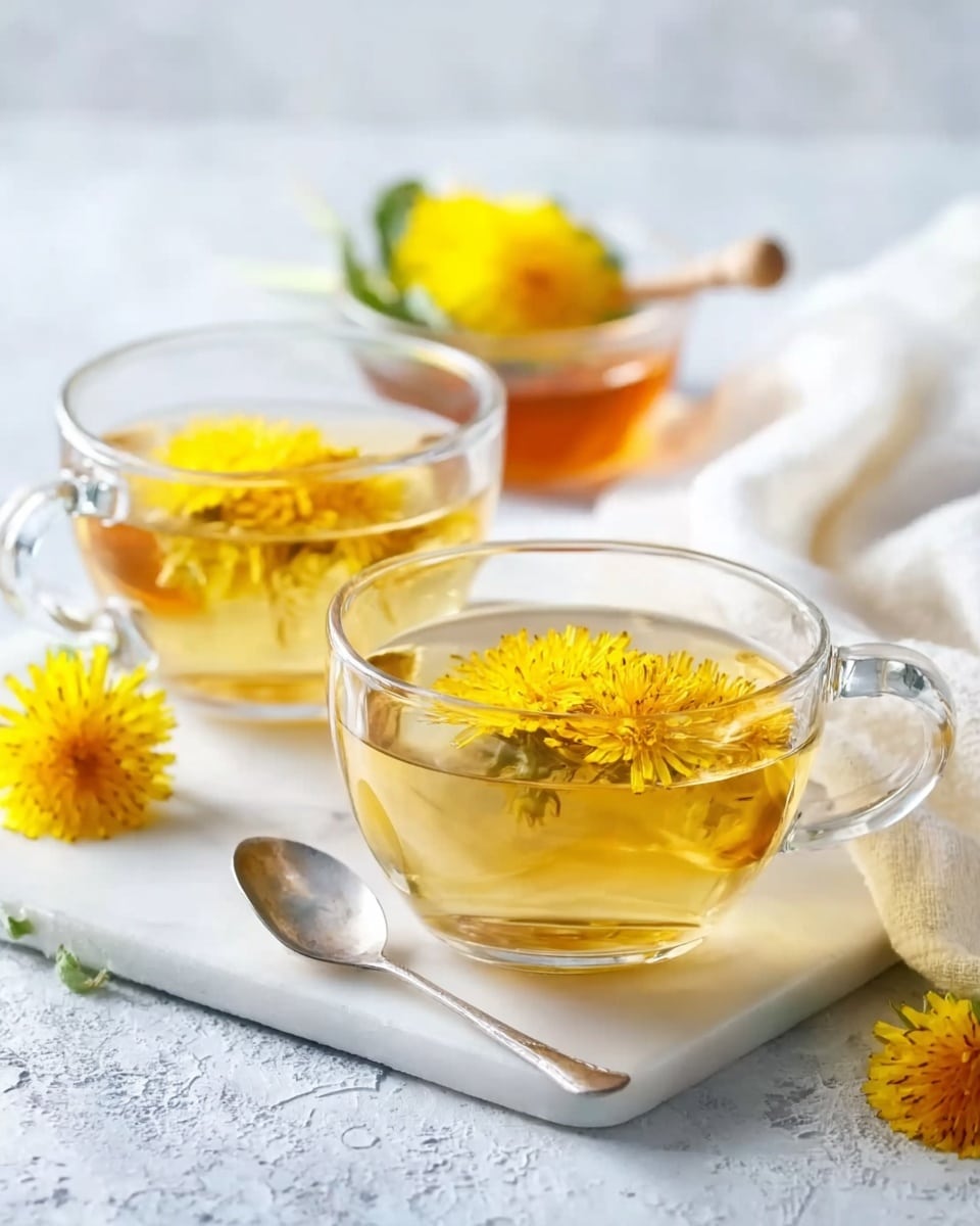 Two clear glass tea cups sit on a white marbled textured surface with one cup filled with light golden tea that has bright yellow flowers floating on top, and the other cup filled with clear light brown tea. Behind the cups is a small clear bowl containing honey, decorated with a few yellow flowers and green leaves. A silver spoon lies in the front right on the white marbled surface, and a soft white cloth is draped in the background. Photo taken with an iphone --ar 4:5 --v 7