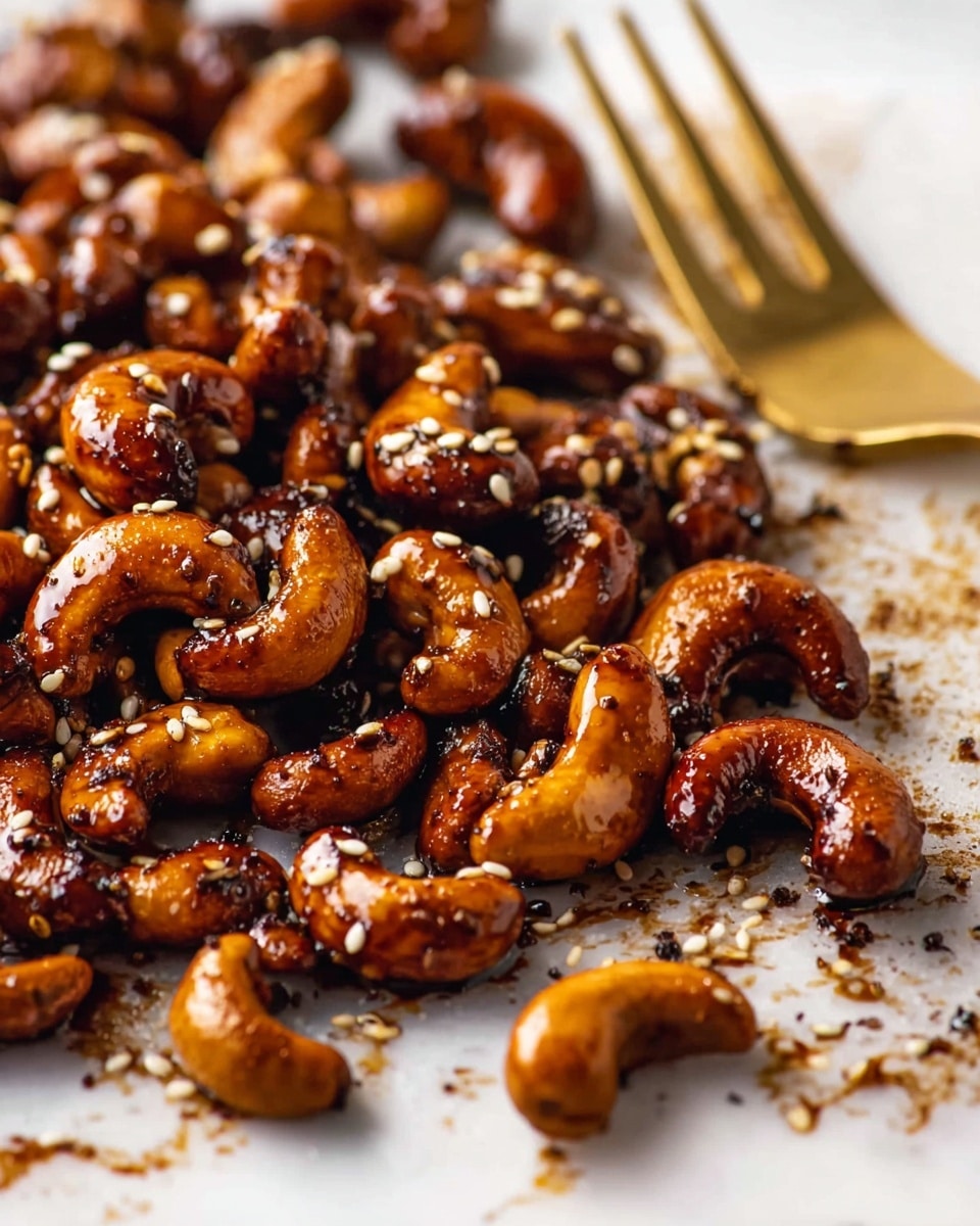 A close-up view of a pile of roasted cashew nuts covered in a shiny dark brown glaze sprinkled with small white sesame seeds, spread out on a white marbled surface with some glaze drips around. A gold-colored fork is placed partially under the cashews on the right side, adding a metallic touch to the warm-toned nuts. The nuts are rich in color with a smooth and glossy texture showing different curves and shapes, while the background softly blurs to keep focus on the cashews photo taken with an iphone --ar 4:5 --v 7